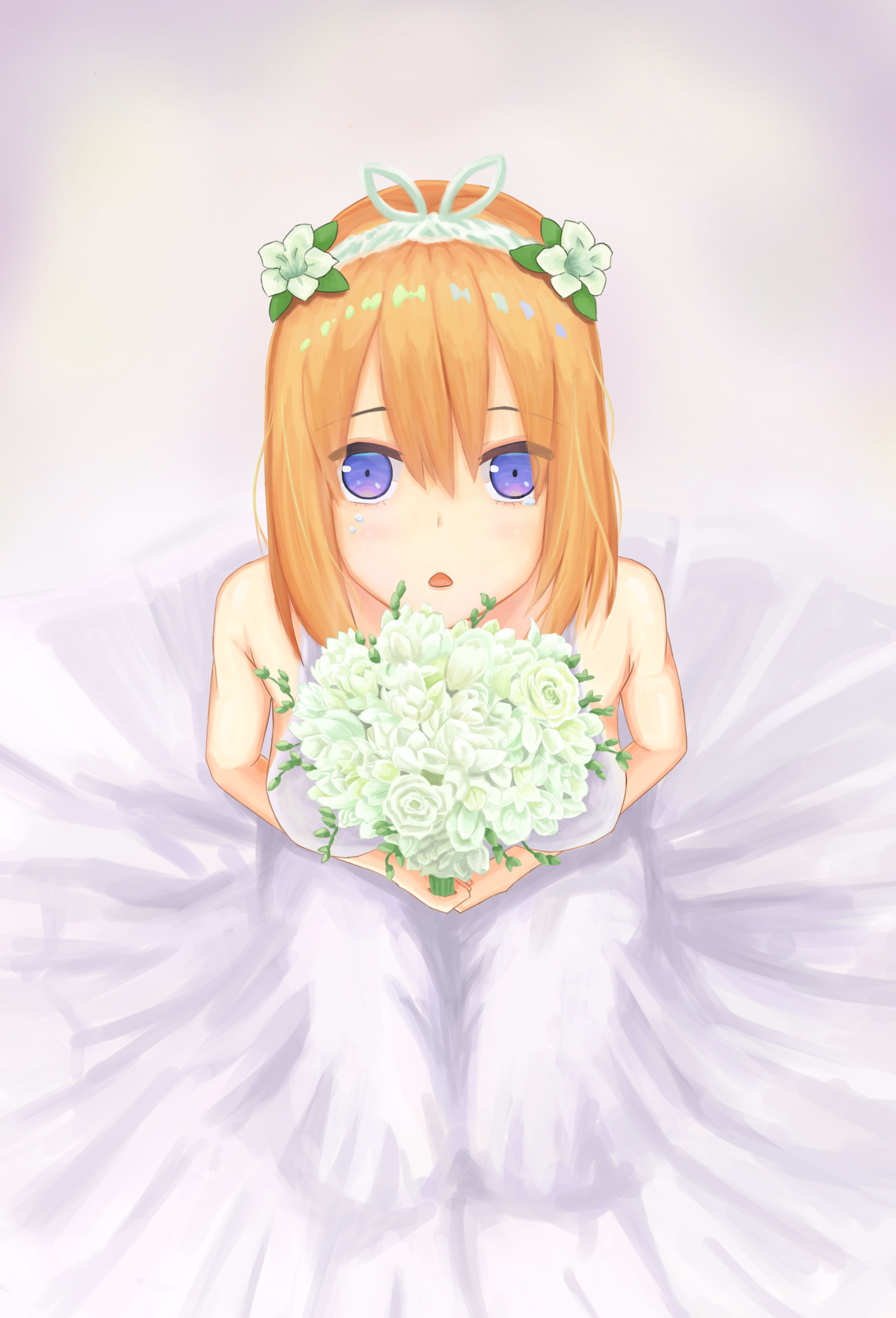 nakano yotsuba, go-toubun no hanayome, absurdres, commentary request, highres, 1girl, bare shoulders, blue eyes, blush, bouquet, bride, dress, flower, green ribbon, hair between eyes, hair flower, hair ornament, hair ribbon, holding, holding bouquet, looking at viewer, looking up, open mouth, orange hair, ribbon, rose, short hair, smaigs, solo, strapless, strapless dress, wedding, wedding dress, white background, white dress, white flower, white rose