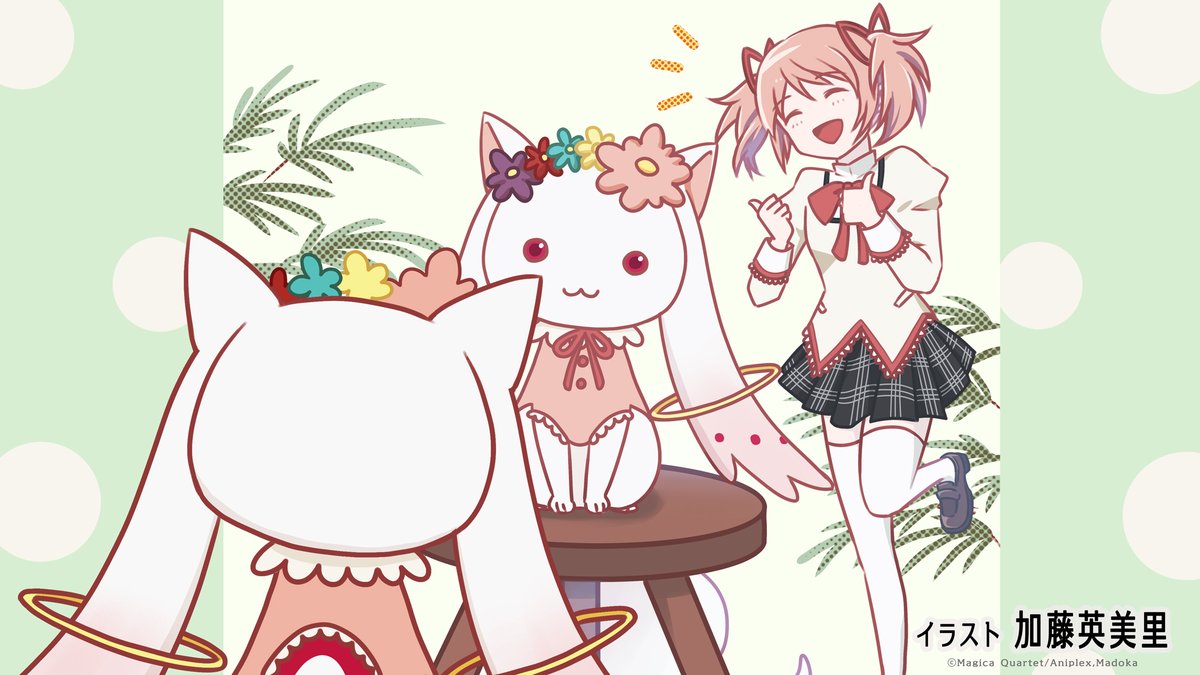 katou emiri (artist), kaname madoka, kyubey, mahou shoujo madoka magica, mahou shoujo madoka magica (anime), commentary request, end card, official art, :3, :d, bow, bowtie, contrast collar, flower, hair flower, hair ornament, loafers, looking at mirror, mirror, official alternate costume, open mouth, pleated skirt, school uniform, shoes, skirt, smile, standing, standing on one leg, thighhighs, twintails, zettai ryouiki