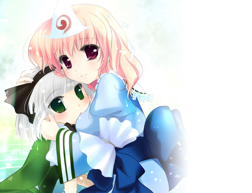 natsukawa sarasa, konpaku youmu, saigyouji yuyuko, touhou, silver hair, bad id, bad pixiv id, 2girls, breasts, female focus, gradient background, green eyes, hug, multiple girls, pink hair, ribbon, short hair, white background