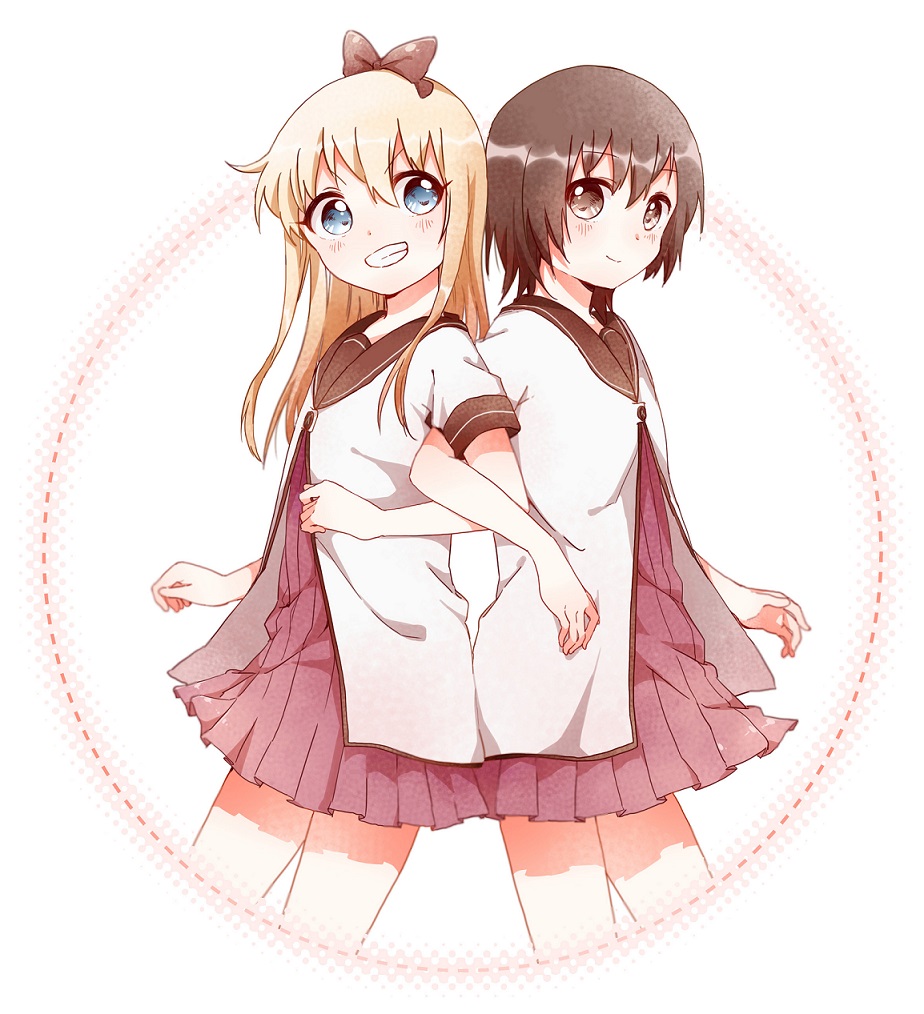 bafarin, funami yui, toshinou kyouko, yuruyuri, commentary request, 2girls, back-to-back, blonde hair, blue eyes, bow, brown bow, brown eyes, brown hair, circle, dress, grin, hair bow, hair ornament, long hair, looking at another, multiple girls, nanamori school uniform, pleated dress, red dress, sailor collar, sailor shirt, school uniform, shirt, short dress, short hair, short sleeves, simple background, smile, teeth, v-shaped eyebrows, white background, white shirt