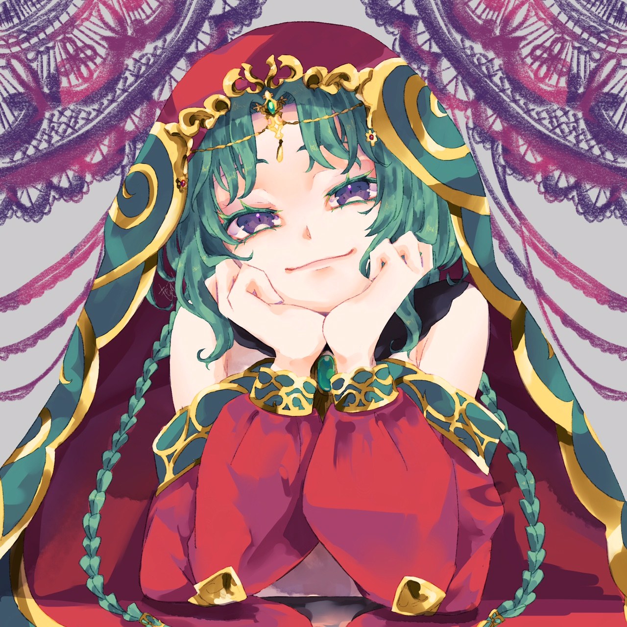 salome (fate), fate/grand order, fate (series), commentary request, highres, 1girl, braid, closed mouth, detached sleeves, gem, green gemstone, green hair, hands on own chin, head rest, head tilt, long sleeves, looking at viewer, m0654, puffy sleeves, purple eyes, short hair with long locks, side braids, smile, solo, twin braids, upper body, veil, wavy hair