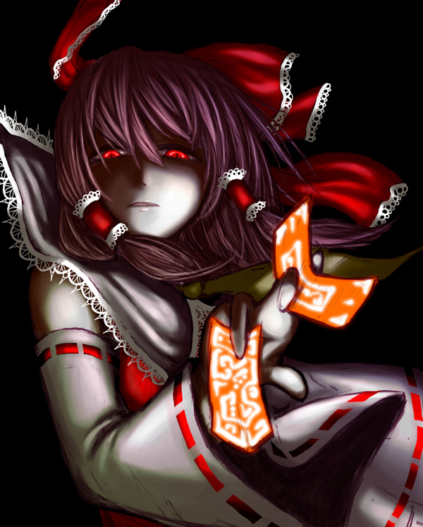 verynezumi, hakurei reimu, touhou, 1girl, dark, detached sleeves, female focus, frills, glowing, glowing eyes, japanese clothes, miko, ofuda, red eyes, ribbon, solo
