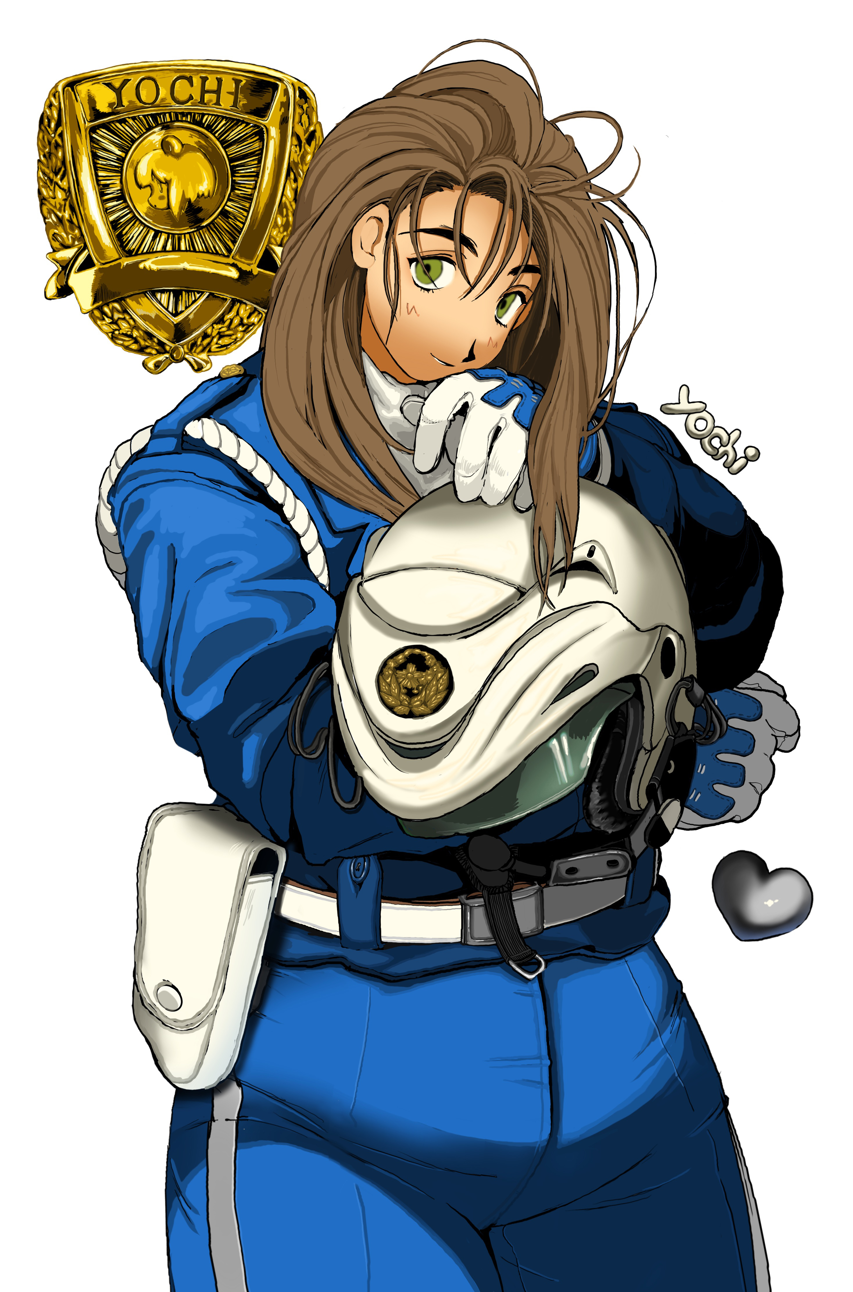 kagaya (oshiriudon), original, absurdres, commentary request, highres, 1girl, belt, brown hair, gloves, green eyes, heart, helmet, holding, holding unworn helmet, holster, long hair, looking at viewer, police, police badge, police uniform, policewoman, solo, standing, unworn headwear, unworn helmet, white background