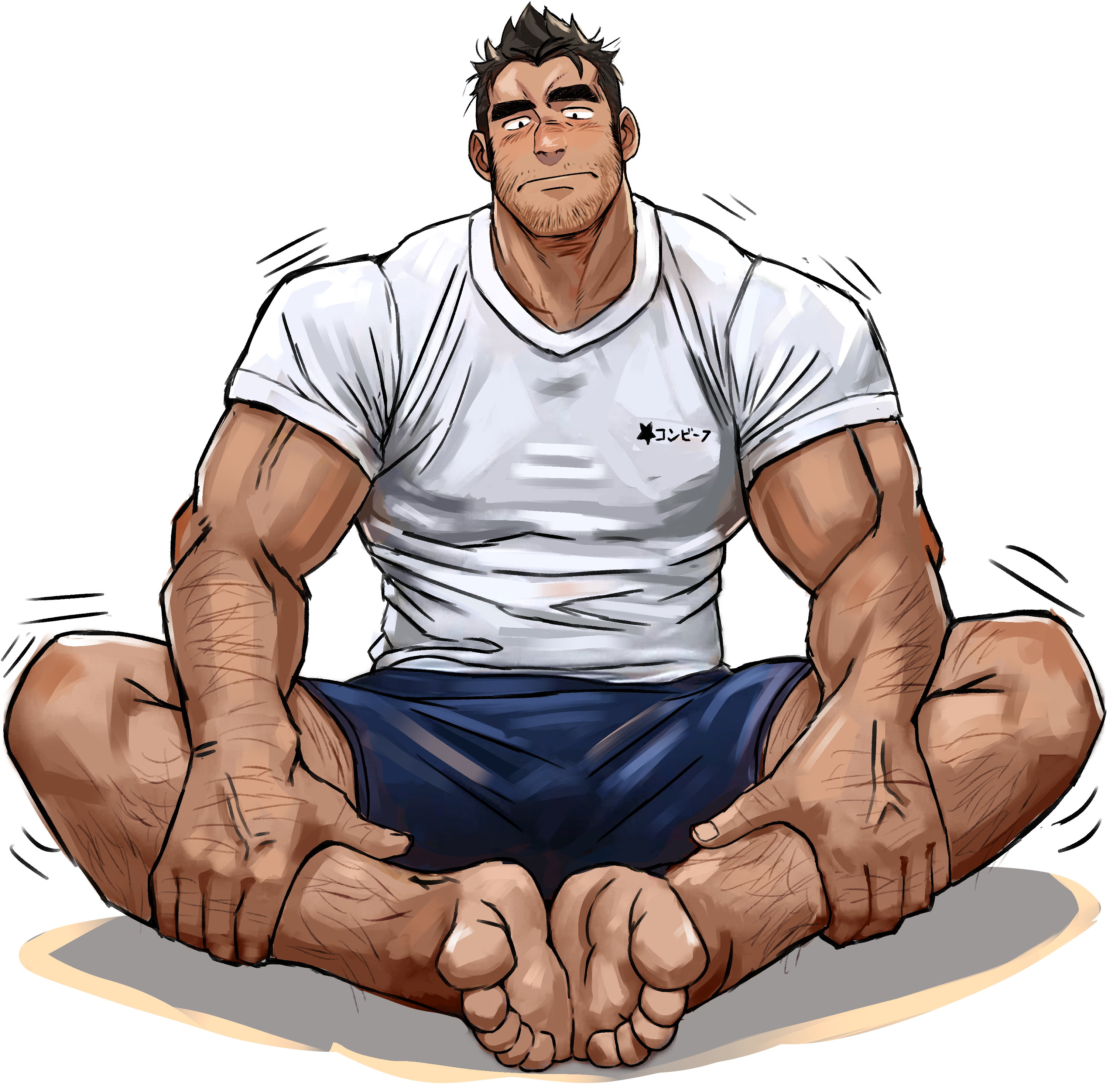 suamaru, original, absurdres, commentary request, highres, 1boy, arm hair, bara, barefoot, beard stubble, blue shorts, broad shoulders, brown hair, bulge, facial hair, full body, hand hair, leg hair, light blush, looking down, male focus, muscular, muscular male, on floor, shirt, shorts, sideburns, simple background, sitting, solo, star (symbol), stubble, thick arms, thick eyebrows, veins, veiny arms, veiny hands, white background, white shirt