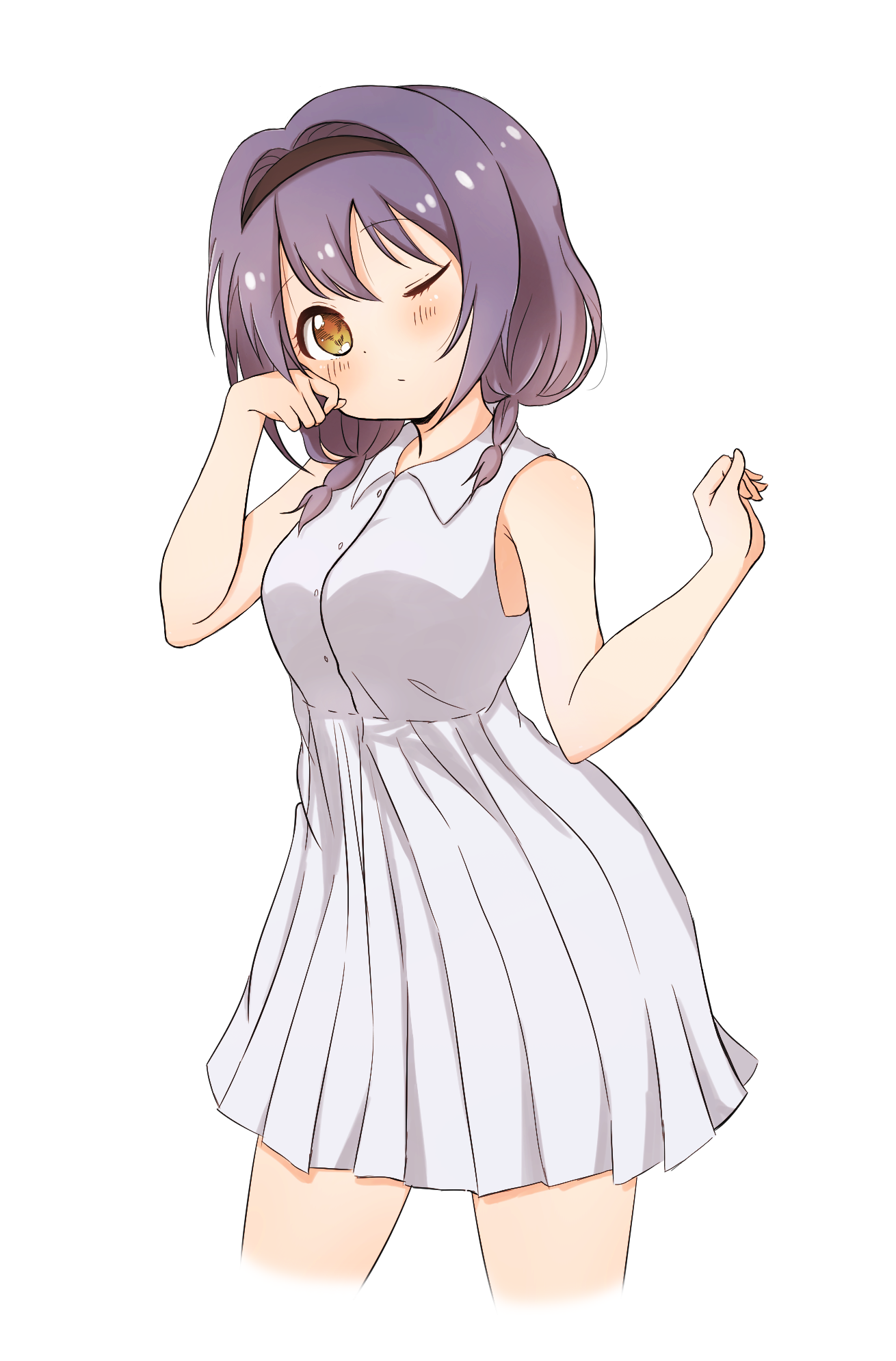 minatsuki hitoka, furutani himawari, yuruyuri, commentary request, highres, 1girl, bare arms, black hairband, blue hair, blush, braid, breasts, cowboy shot, dress, hair intakes, hair ornament, hairband, hand on own cheek, hand on own face, hands up, head tilt, long shirt, looking at viewer, low twin braids, medium breasts, medium hair, one eye closed, short dress, simple background, sleeveless, sleeveless dress, solo, sundress, twin braids, white background, yellow eyes