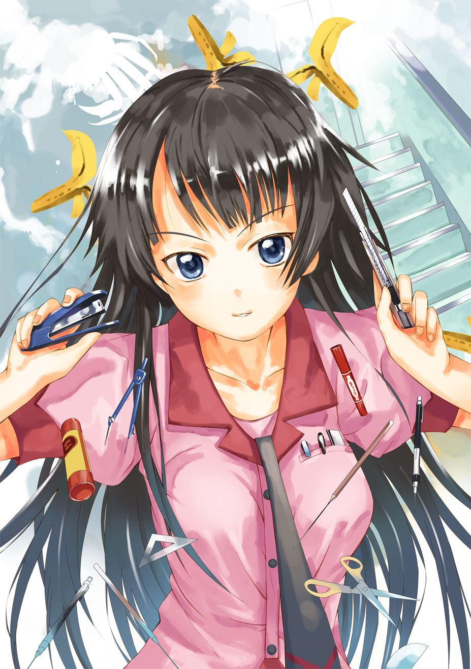 yamamoto shima, senjougahara hitagi, bakemonogatari, monogatari (series), highres, 00s, banana peel, blue eyes, boxcutter, long hair, necktie, object in pocket, pen in pocket, pocket, school uniform, scissors, set square, solo, stapler