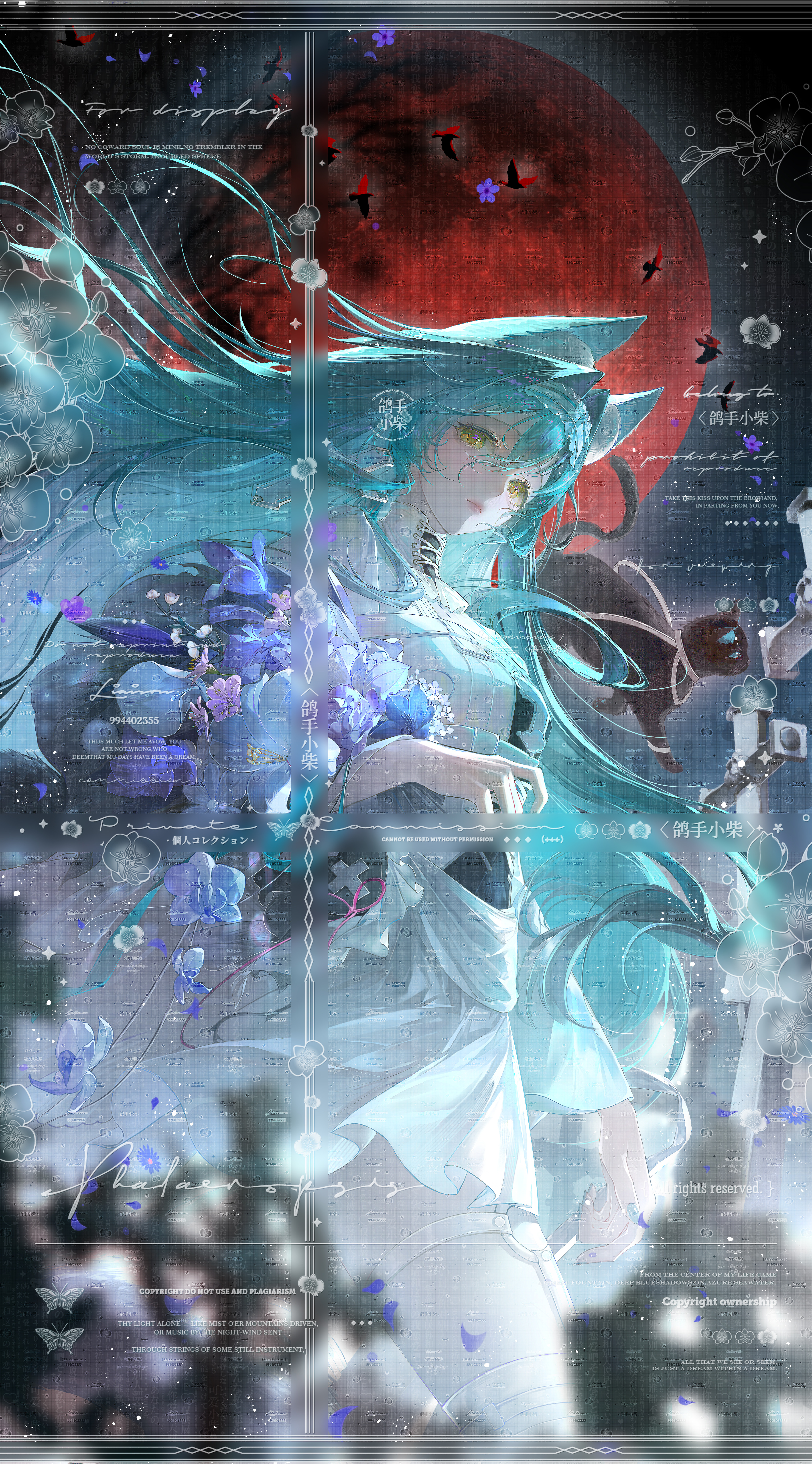 original, white lily, absurdres, commission, highres, animal, animal ear fluff, animal ears, bird, black bird, black cat, blue hair, blue nails, blurry, blurry foreground, bouquet, branch, calla lily, cat, cat ears, chrysanthemum, closed mouth, cowboy shot, cross, cross earrings, dress, earrings, eyelashes, falling petals, fingernails, flower, full moon, hair between eyes, hair intakes, holding, holding bouquet, jewelry, leaf, lily (flower), lips, long hair, looking at viewer, makeup, moon, nail polish, night, night sky, o-ring, o-ring thigh strap, outdoors, pansy, petals, pink flower, purple flower, purple pansy, purple petals, red moon, rouge (makeup), shuise shuilian, sidelocks, sky, thigh strap, tombstone, too many watermarks, very long hair, watermark, white dress, white flower, wind, yellow eyes