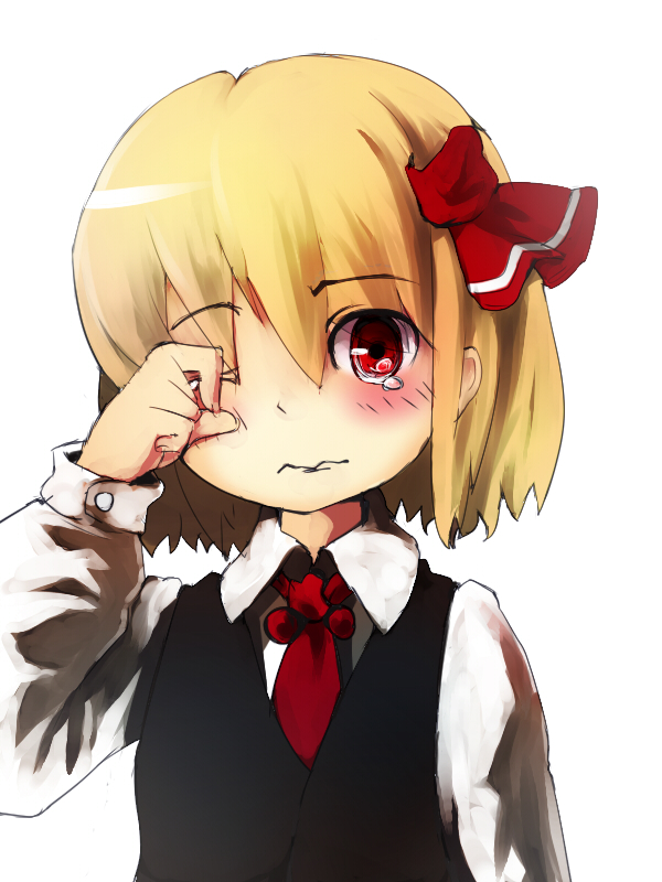 murani, rumia, embodiment of scarlet devil, touhou, 1girl, blonde hair, blush, female focus, hair ribbon, hand on own face, hand on own head, looking at viewer, necktie, red eyes, red necktie, ribbon, rubbing eyes, short hair, solo, tears, white background
