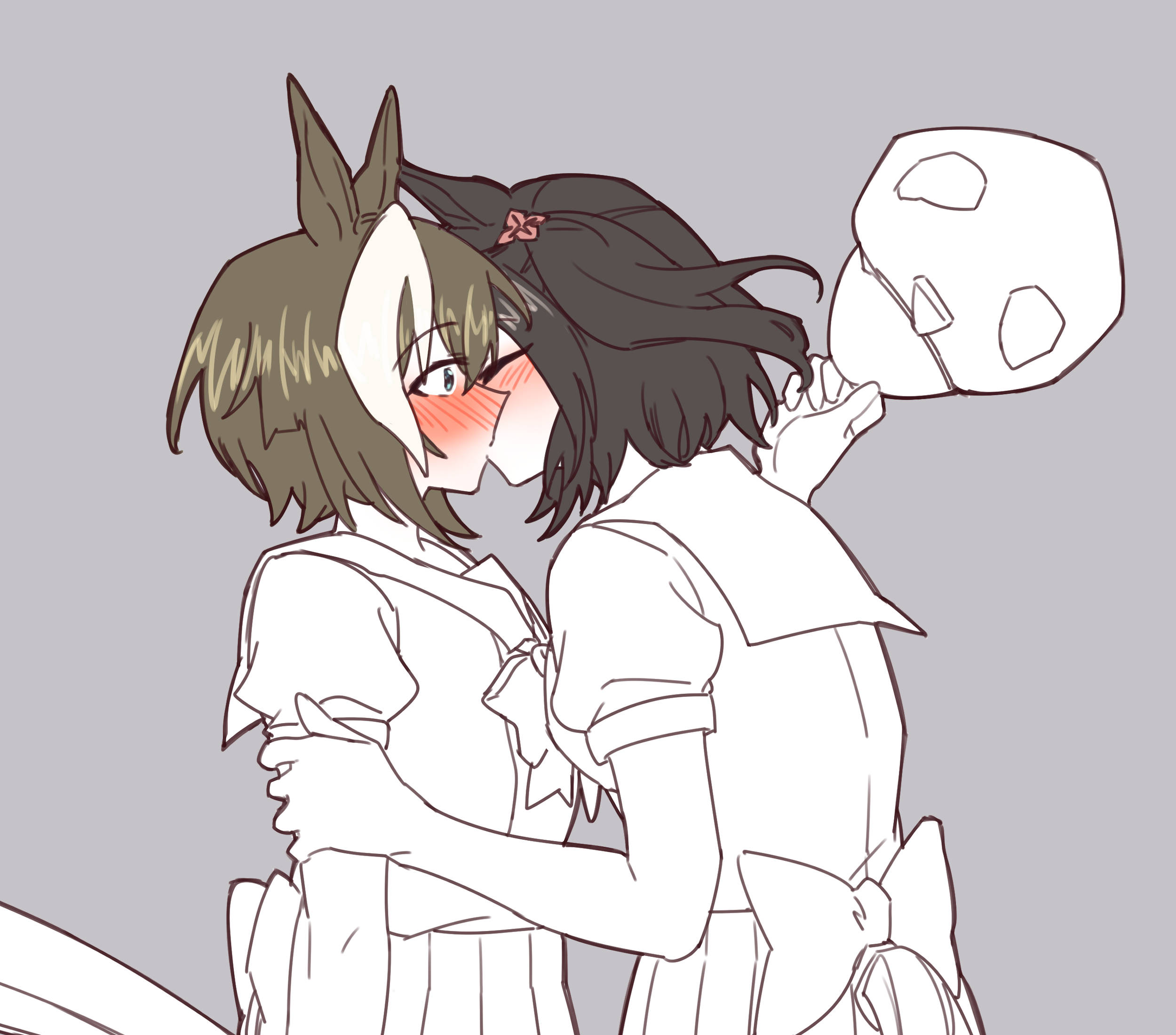dumd, cheval grand (umamusume), kitasan black (umamusume), umamusume, commentary, english commentary, highres, 2girls, animal ears, black streaks, blue eyes, blush, bow, bowtie, brown hair, closed eyes, grey background, hand on another's arm, hat, holding, holding unworn clothes, holding unworn hat, horse ears, horse tail, kiss, kissing barrier (meme), meme, multiple girls, partially colored, school uniform, serafuku, simple background, tail, tracen school uniform, unworn hat, unworn headwear, upper body, white streaks, yuri