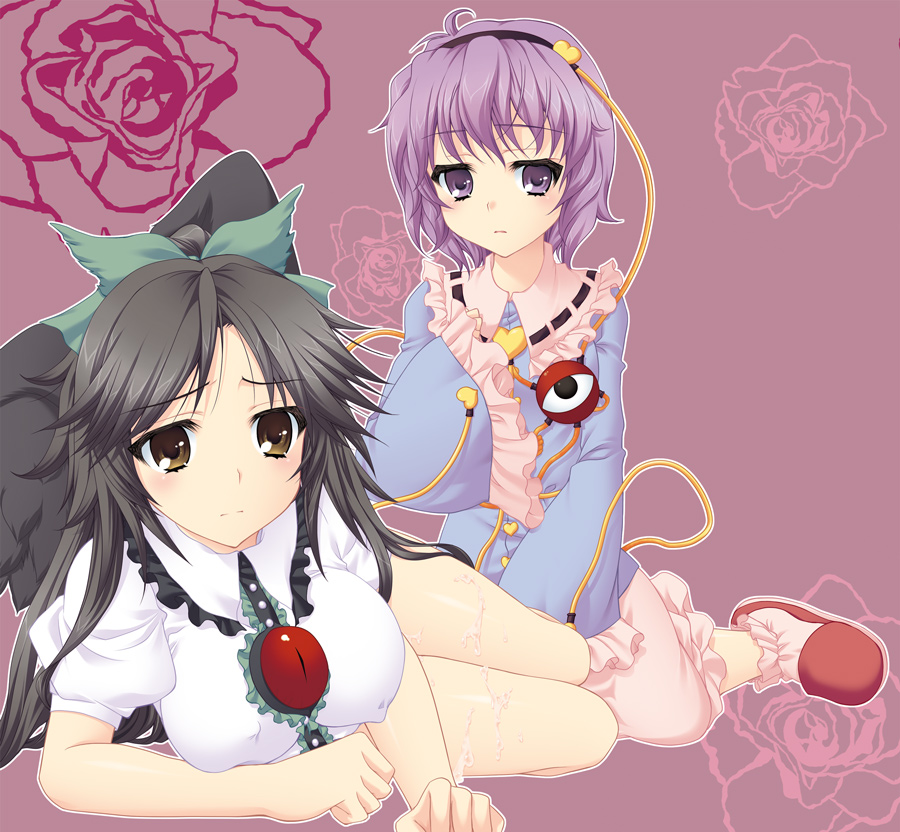 katagiri chisato, komeiji satori, reiuji utsuho, touhou, 2girls, bow, breasts, brown eyes, brown hair, covered erect nipples, cum, hairband, heart, large breasts, lying, multiple girls, purple eyes, purple hair, short hair, slippers, wings