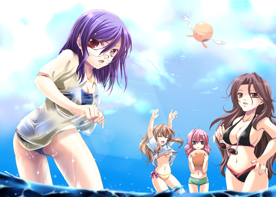 shinolion, takitsume shino, christina sierra, feldt grace, haro, sumeragi lee noriega, tieria erde, gundam, gundam 00, bad id, bad pixiv id, 00s, 4girls, :<, arms up, ass, bikini, breasts, brown eyes, brown hair, cleavage, day, fang, from behind, genderswap, genderswap (mtf), hand on own hip, hip focus, large breasts, long hair, multiple girls, pink eyes, pink hair, purple hair, see-through clothes, short hair, sideboob, sunglasses, swimsuit, underboob, wading, water, wet, wet clothes