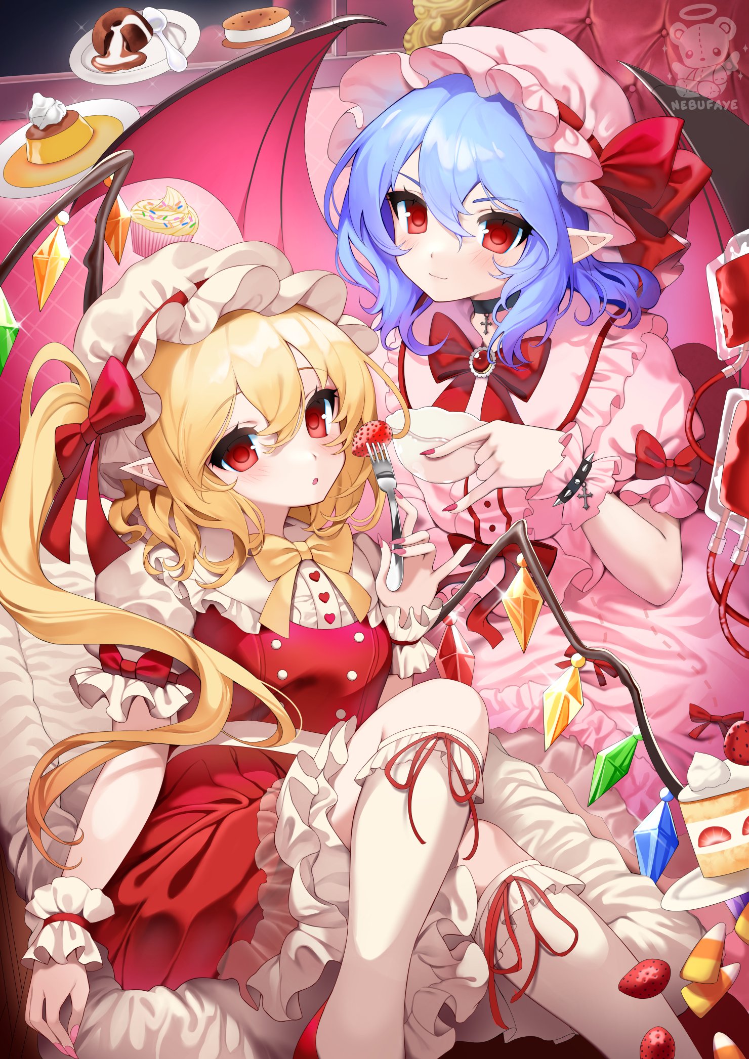 shianebulae, flandre scarlet, remilia scarlet, embodiment of scarlet devil, touhou, commentary, english commentary, highres, 2girls, bat wings, black choker, blonde hair, blood, blood bag, bracelet, brooch, choker, cross pendant, crystal wings, cup, dress, food, fork, frilled dress, frilled sleeves, frilled socks, frilled wrist cuffs, frills, hat, hat ribbon, holding, holding cup, holding fork, jewelry, looking at viewer, mob cap, multiple girls, pink dress, pink hat, pink nails, pointy ears, pudding, puffy short sleeves, puffy sleeves, red eyes, ribbon, short hair, short sleeves, siblings, side ponytail, sisters, smile, socks, spiked bracelet, spikes, teacup, white hat, white socks, wings, wrist cuffs
