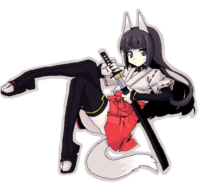 kou (garakuta teikoku), anabuki tomoko, strike witches, strike witches: suomus misfits squadron, world witches series, uniform, 00s, 1girl, animal ears, ass, black eyes, black hair, black thighhighs, elbow gloves, female focus, gloves, grey outline, japanese clothes, katana, long hair, oekaki, outline, simple background, solo, sword, tail, thighhighs, weapon, white background