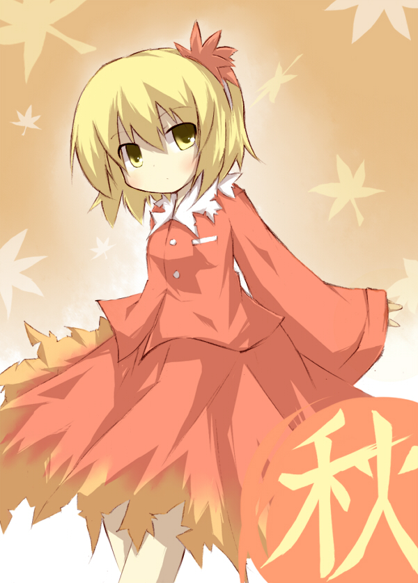 poppuru, aki shizuha, touhou, bad id, bad pixiv id, 1girl, blonde hair, female focus, hair ornament, leaf, leaf hair ornament, short hair, solo, yellow eyes