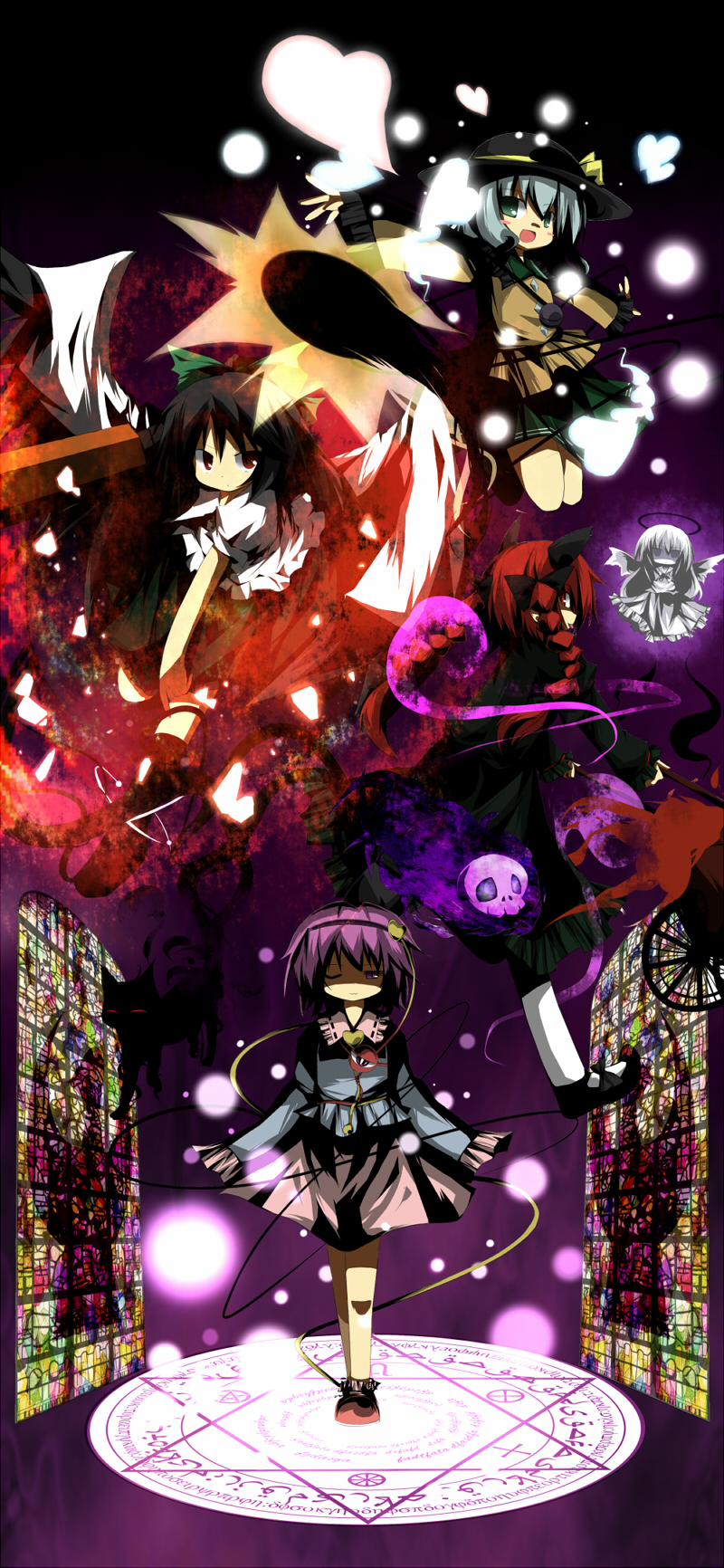 poppuru, kaenbyou rin, kaenbyou rin (cat), komeiji koishi, komeiji satori, reiuji utsuho, zombie fairy (touhou), touhou, bad id, bad pixiv id, highres, 5girls, chireiden, female focus, heart, magic circle, multiple girls, stained glass