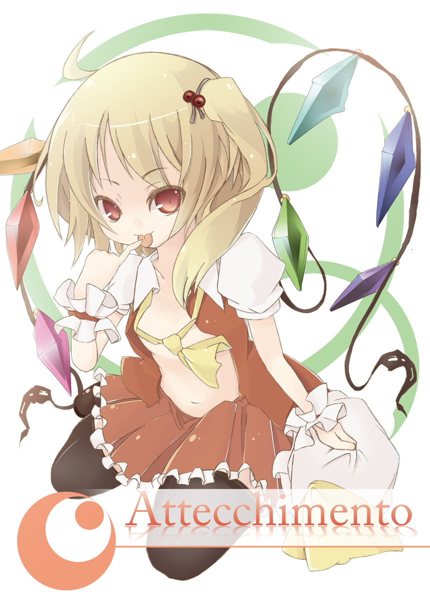 kuroi mizore, flandre scarlet, embodiment of scarlet devil, touhou, bad id, bad pixiv id, highres, 1girl, black thighhighs, blonde hair, female focus, finger to mouth, flat chest, hat, looking at viewer, naughty face, open clothes, open shirt, ponytail, red eyes, shirt, short hair, side ponytail, sitting, solo, thighhighs, tongue, unworn hat, unworn headwear, wings, zettai ryouiki