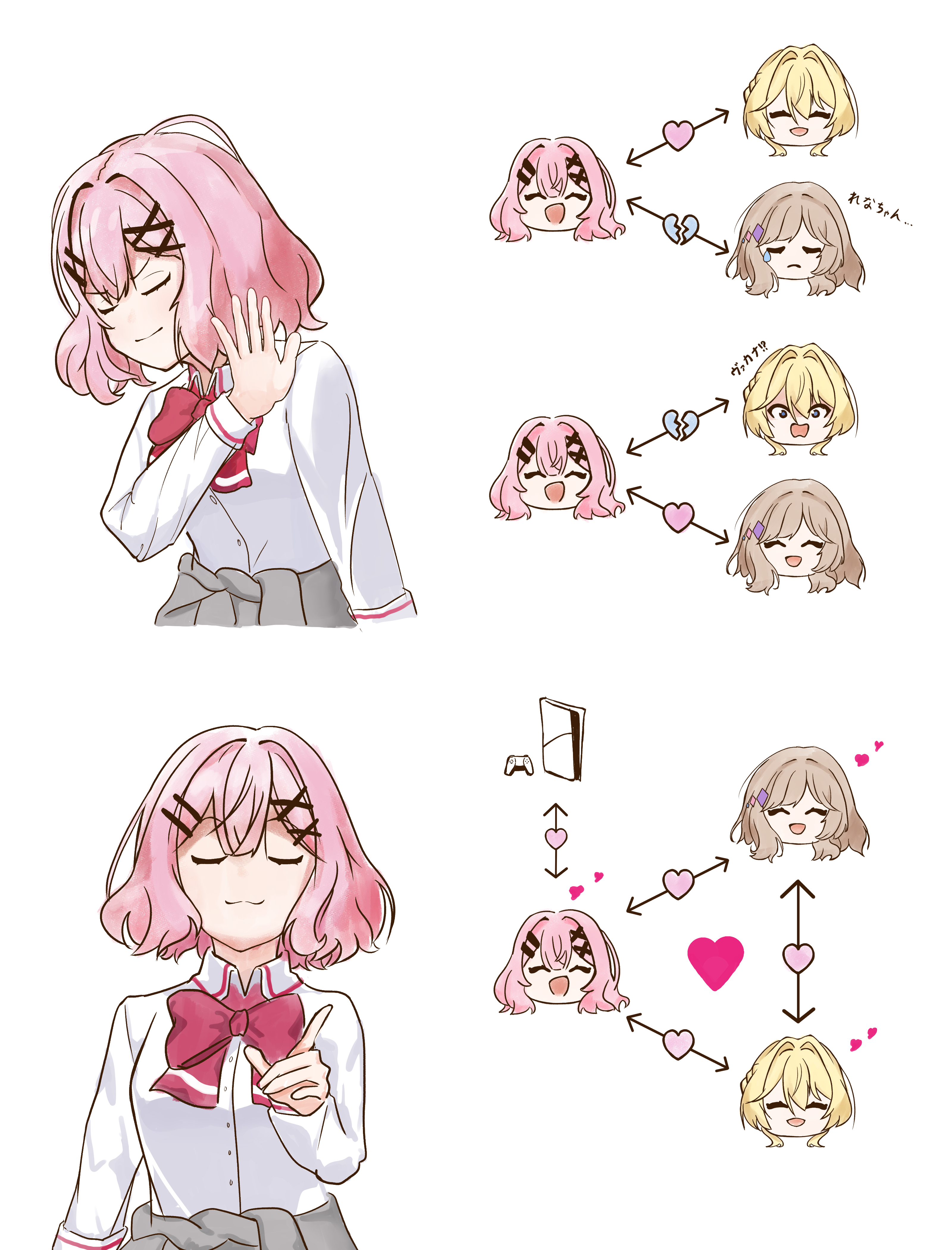 amaori renako, ouzuka mai, sena ajisai, watashi ga koibito ni nareru wake naijan murimuri!, absurdres, commentary request, highres, 3girls, blonde hair, bow, bowtie, broken heart, brown hair, closed eyes, closed mouth, clothes around waist, collared shirt, drakeposting (meme), game console, hair intakes, heart, jewelry64701577, long hair, love triangle, medium hair, meme, multiple girls, pink hair, playstation 5, polyamory, red bow, red bowtie, shirt, smile, sweater, sweater around waist, tears, white shirt, yuri