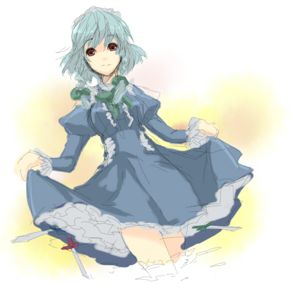 zen (pixiv), zen (raspberry), izayoi sakuya, touhou, silver hair, 1girl, clothes lift, dress, dress lift, female focus, gradient background, knife, maid, short hair, skirt hold, solo, white background
