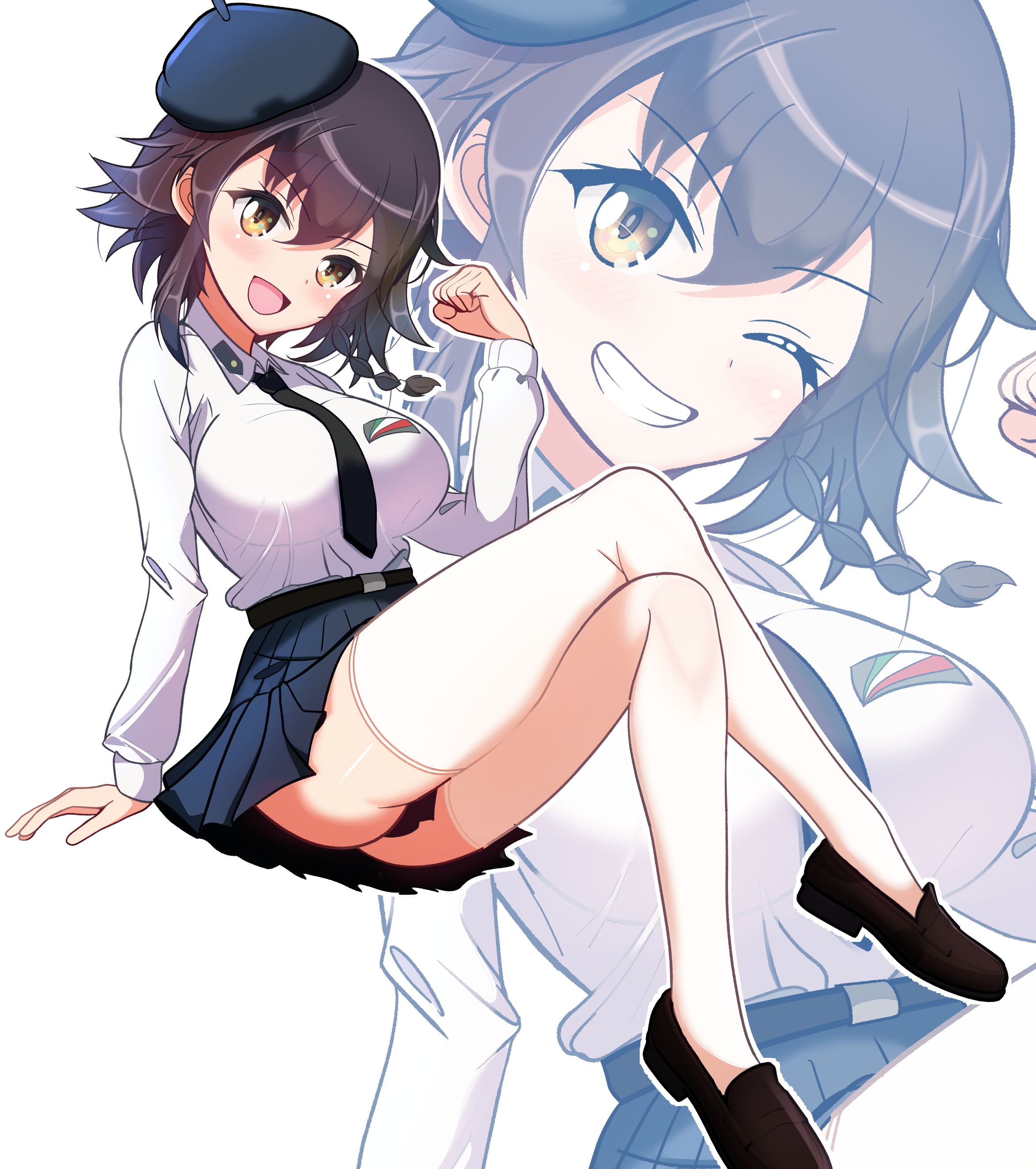 kumaisao, pepperoni (girls und panzer), girls und panzer, absurdres, hashtag-only commentary, highres, 1girl, anzio school uniform, ass, black hair, black necktie, blush, braid, breasts, brown eyes, grin, hat, large breasts, looking at viewer, miniskirt, necktie, no panties, one eye closed, open mouth, pleated skirt, school uniform, simple background, skirt, smile, solo, thighhighs, white background, white thighhighs