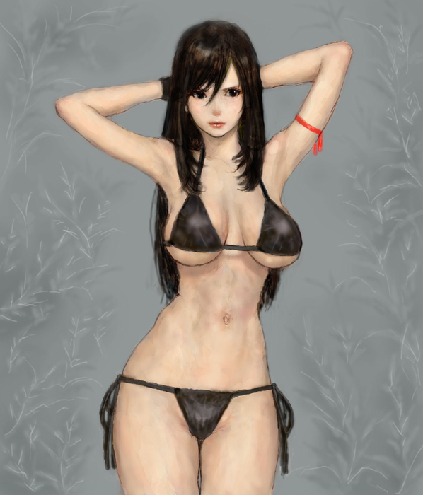 ponsuke (pon00000), tifa lockhart, final fantasy, final fantasy vii, final fantasy vii: advent children, bad id, bad pixiv id, third-party edit, 00s, 1990s (style), 1girl, armpits, arms behind head, arms up, bikini, black bikini, black eyes, black hair, breasts, contrapposto, cowboy shot, curvy, female focus, large breasts, lips, lipstick, makeup, navel, retro artstyle, side-tie bikini bottom, solo, standing, swimsuit, underboob