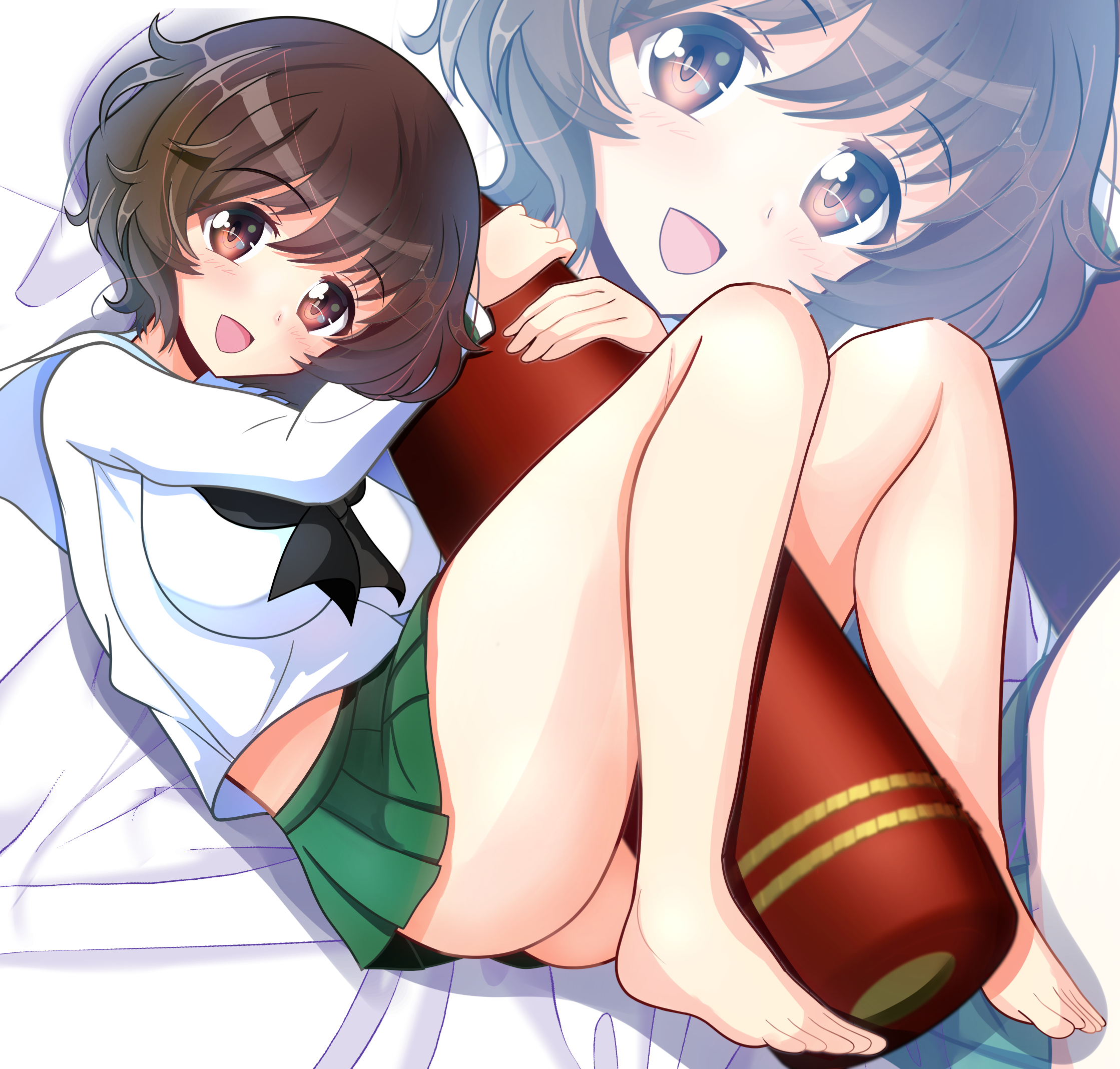 kumaisao, akiyama yukari, girls und panzer, commentary request, highres, 1girl, barefoot, bed sheet, black neckerchief, blouse, brown eyes, brown hair, green skirt, holding, knees up, long sleeves, looking at viewer, lying, messy hair, midriff peek, miniskirt, neckerchief, on back, ooarai school uniform, open mouth, pleated skirt, sailor collar, school uniform, serafuku, shirt, short hair, skirt, smile, solo, tank shell, white sailor collar, white shirt, zoom layer