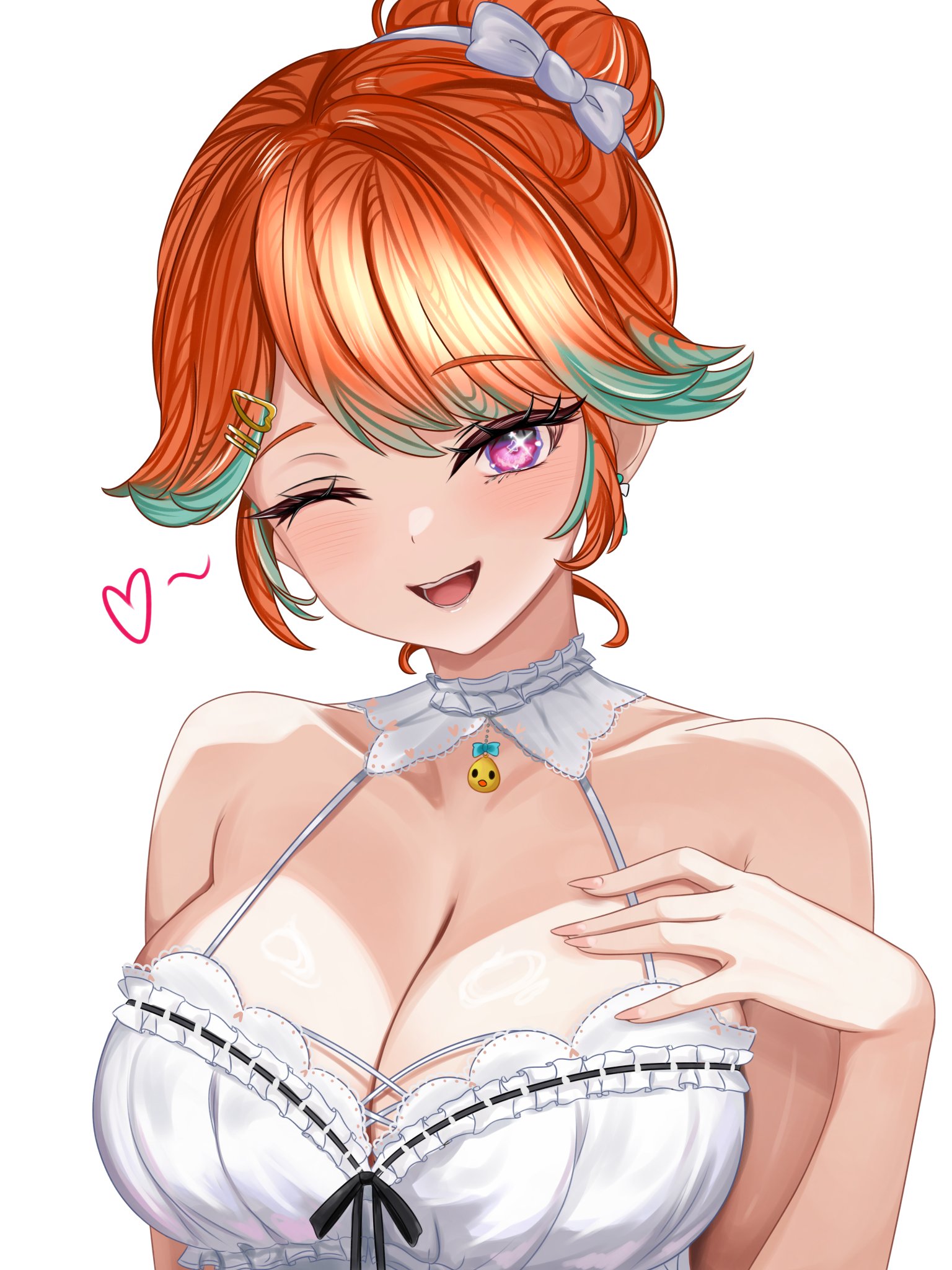 mafukkoin, takanashi kiara, takanashi kiara (cozy), hololive, hololive english, commentary, english commentary, highres, 1girl, ;d, bow, breasts, camisole, cleavage, green hair, hair bow, hair bun, hair flaps, hair ornament, hairclip, hand on own chest, large breasts, looking at viewer, multicolored hair, official alternate costume, official alternate hairstyle, one eye closed, open mouth, orange hair, purple eyes, simple background, single hair bun, smile, solo, swept bangs, two-tone hair, upper body, virtual youtuber, white background, white bow, white camisole