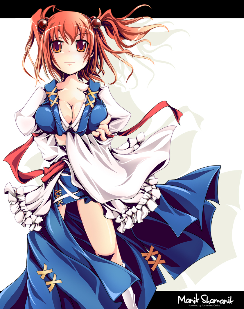 ichirino minagi, minagi ichirino, onozuka komachi, touhou, 1girl, breasts, cleavage, female focus, hair bobbles, hair ornament, large breasts, manik shamanik, red eyes, red hair, short hair, solo, tamato no omise, twintails, two side up