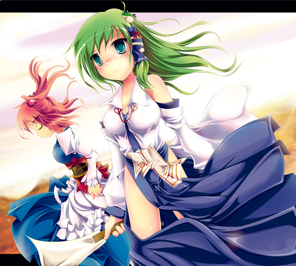 ichirino minagi, minagi ichirino, kochiya sanae, onozuka komachi, touhou, 2girls, detached sleeves, female focus, frog, gohei, green eyes, green hair, hair ornament, letterboxed, multiple girls, red eyes, red hair, short hair, snake, twintails, two side up