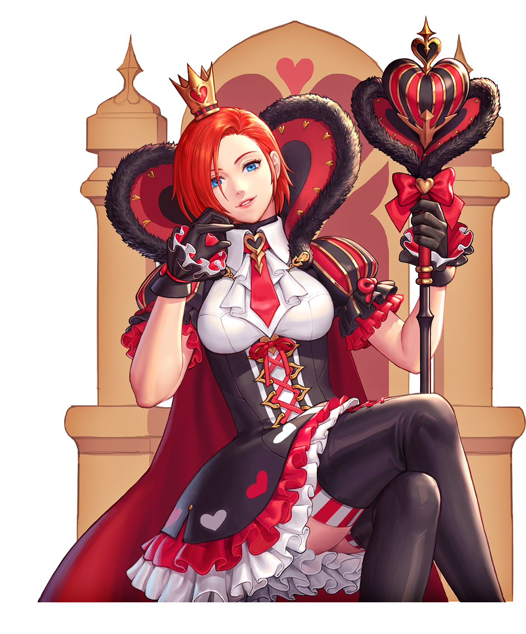 vanessa (kof), the king of fighters, highres, 1girl, blue eyes, breasts, cape, chair, corset, crossed legs, curvy, dress, female focus, gloves, heart, huge breasts, large breasts, looking at viewer, queen, red hair, short hair, sitting, skirt, socks, staff, thick thighs, thighs, throne, wide hips, wonderland