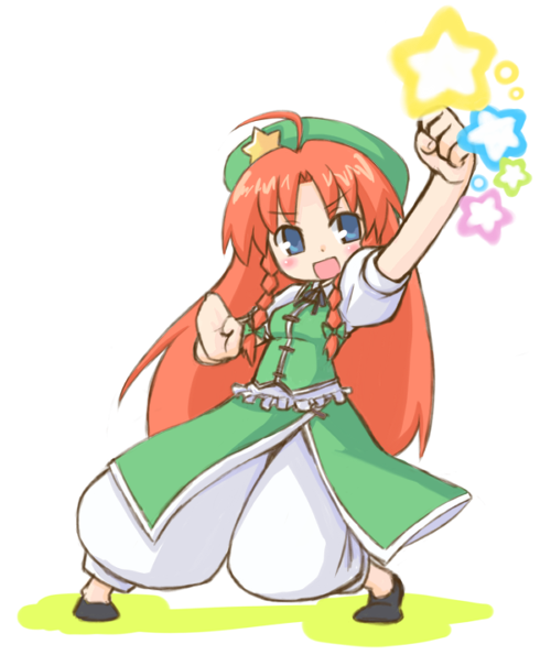 nekoyama, hong meiling, immaterial and missing power, touhou, bad id, bad pixiv id, 1girl, blue eyes, female focus, full body, hat, long hair, red hair, solo, star (symbol), white background