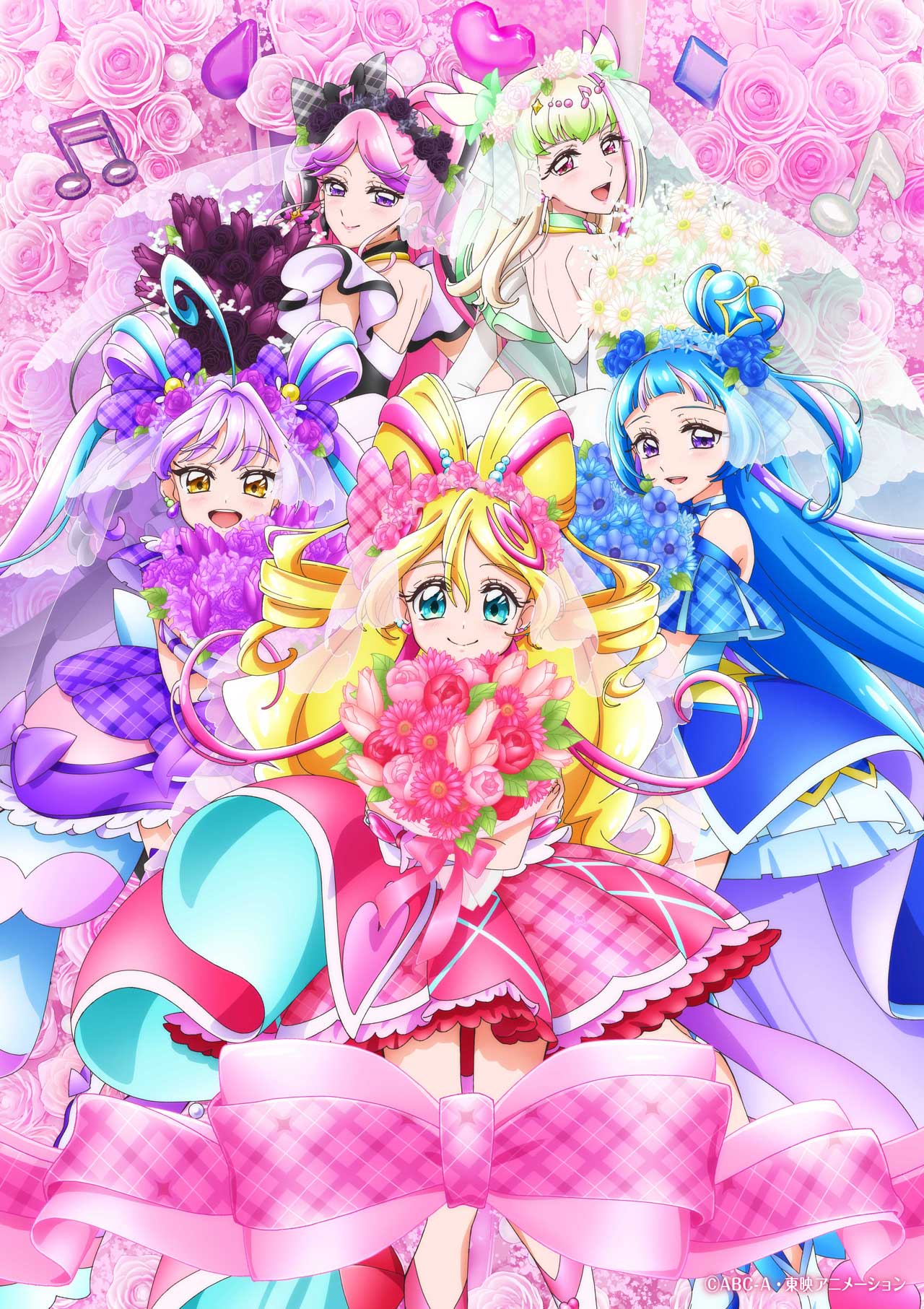 aokaze nana, cure idol, cure kiss, cure kyunkyun, cure wink, cure zukyuun, meroron (civilian) (precure), meroron (precure), purirun (civilian) (precure), purirun (precure), sakura uta (precure), shigure kokoro, kimi to idol precure, precure, facing back, highres, key visual, official art, promotional art, 5girls, ahoge, bare arms, bare back, bare shoulders, black hair, blonde hair, blue dress, blue hair, blunt bangs, blush, bouquet, braid, bridal veil, bride, bubble skirt, curled horns, diamond (shape), dress, elbow gloves, floral background, floral bow hair ornament, flower, gingham dress, gingham ribbon, gloves, gradient hair, hair between eyes, hair extensions, hair flower, hair ornament, hair ribbon, hair tie, hair wings, half up bun, heart, heart-shaped hair, heart-shaped pupils, holding, holding bouquet, horns, long hair, looking at viewer, multicolored hair, multiple girls, musical note, official alternate costume, open mouth, parted bangs, pink dress, pink flower, pink hair, pink rose, poster (medium), puffy dress, puffy sleeves, purple dress, purple hair, ribbon, rose, skirt, smirk, symbol-shaped pupils, turning around, twin braids, twintails, veil, very long hair, wedding, white dress, white gloves, wing hair ornament