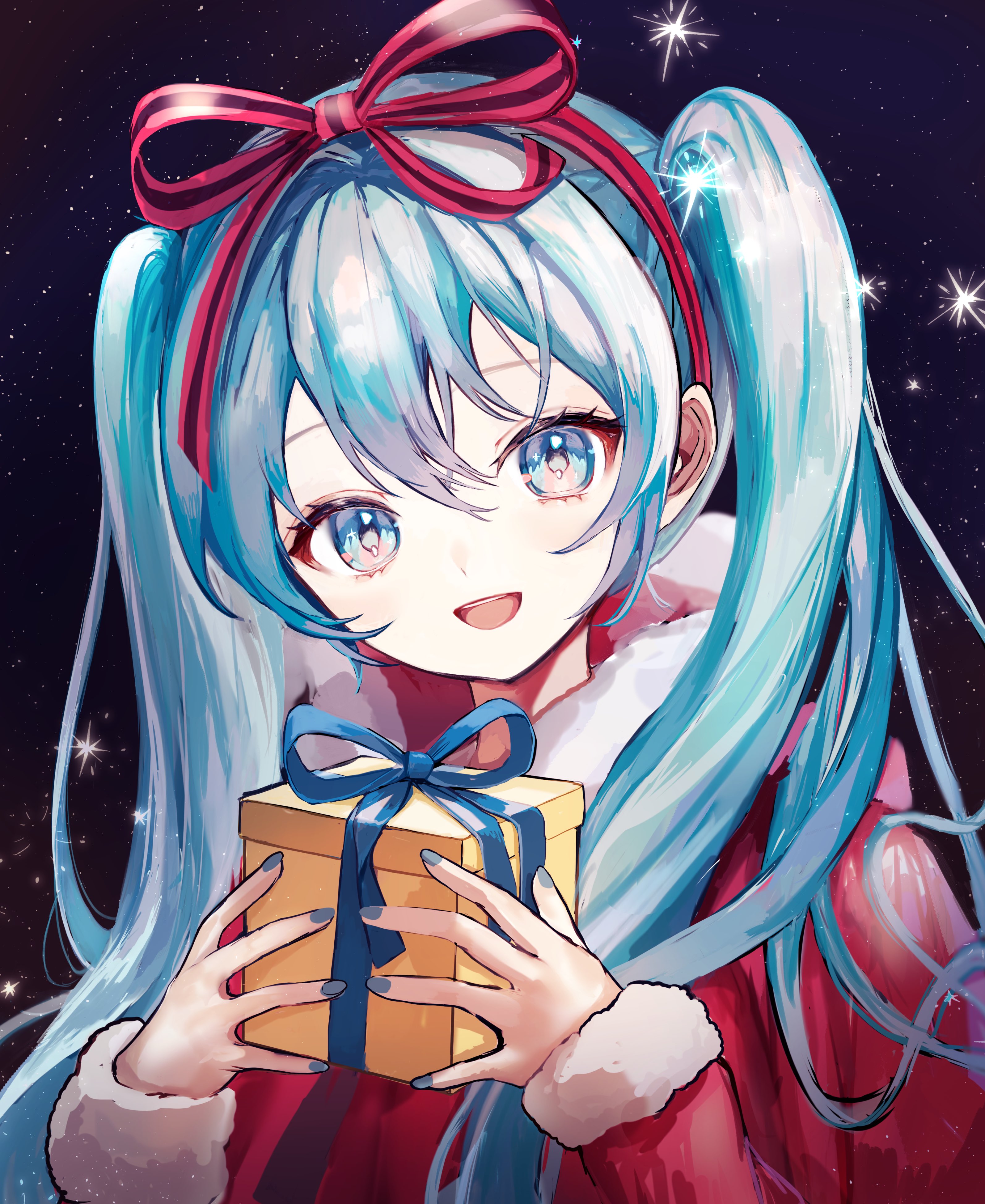 pipi (pipinavigation), hatsune miku, vocaloid, absurdres, commentary request, highres, 1girl, aqua eyes, aqua hair, blue bow, blue nails, bow, box, christmas, coat, fur-trimmed sleeves, fur trim, gift, gift box, hair ribbon, holding, long hair, long sleeves, looking at viewer, open mouth, red ribbon, ribbon, sidelocks, sky, smile, sparkle, star (sky), starry sky, twintails, winter clothes, winter coat