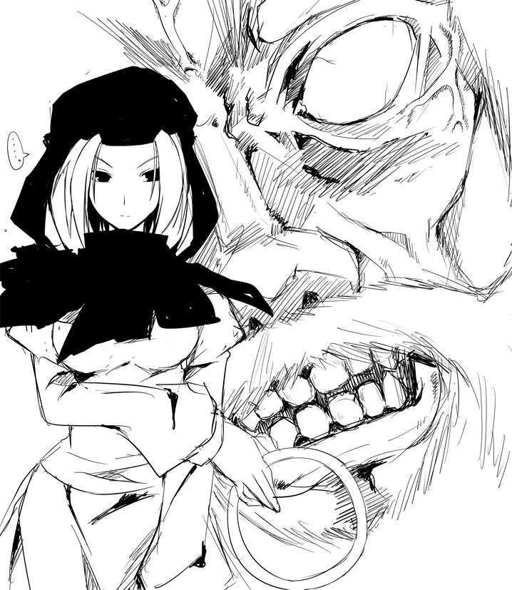 sakurame, kumoi ichirin, unzan, touhou, …, 1boy, 1girl, bracelet, greyscale, hood, jewelry, monochrome, ring, sketch, speech bubble, spoken ellipsis