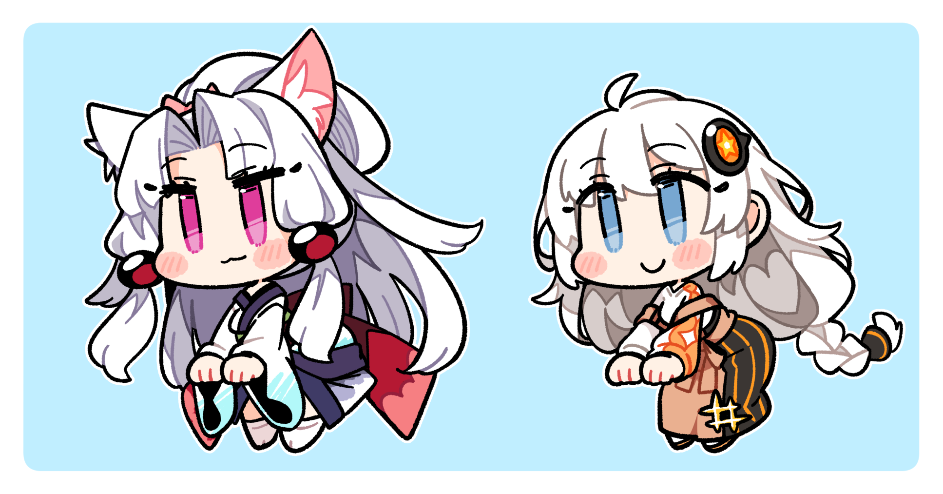 ini (inunabe00), kizuna akari, kizuna akari (a.i. voice), touhoku zunko, a.i. voice, vocaloid, voiceroid, alpha transparency, commentary request, highres, 2girls, :3, ahoge, animal ear fluff, animal ears, blue background, blue eyes, blush stickers, border, braid, brown skirt, chibi, chibi only, closed mouth, double-parted bangs, double strap slip, fox ears, fox girl, full body, hair between eyes, hair bobbles, hair ornament, high-waist skirt, japanese clothes, kimono, long hair, long sleeves, multiple girls, no shoes, obi, outline, parted bangs, pink eyes, ponytail, sash, shirt, sidelocks, simple background, single braid, skirt, smile, socks, strap slip, tabi, white border, white hair, white kimono, white outline, white shirt, white socks, wide sleeves