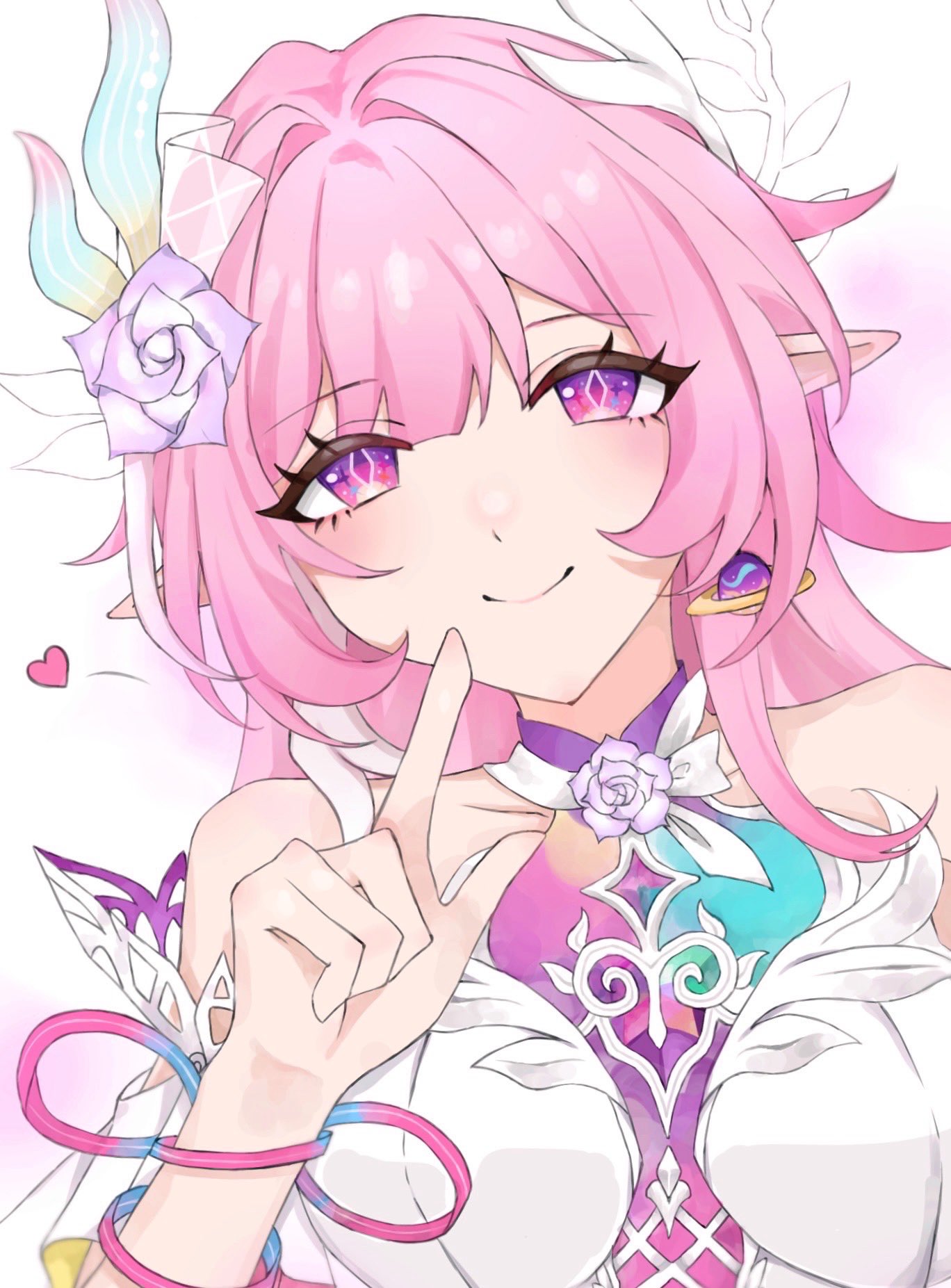 cyrene (honkai: star rail), cyrene (ripples of past reverie) (honkai: star rail), honkai: star rail, honkai (series), commentary, highres, symbol-only commentary, 1girl, bare shoulders, breasts, diamond-shaped pupils, diamond (shape), dress, earrings, flower, hair flower, hair ornament, iil 00, jewelry, large breasts, long hair, multicolored hair, pink hair, pointy ears, purple eyes, simple background, smile, solo, symbol-shaped pupils, two-tone hair, upper body, very long hair, white background, white dress, white hair