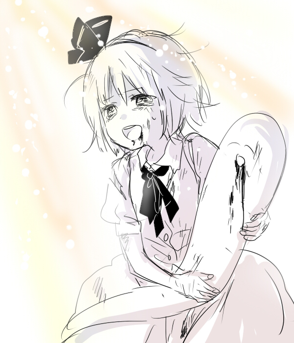 machiko (beard), konpaku youmu, konpaku youmu (ghost), touhou, 1girl, blood, female focus, hairband, hitodama, monochrome, ribbon, short hair, solo, tears