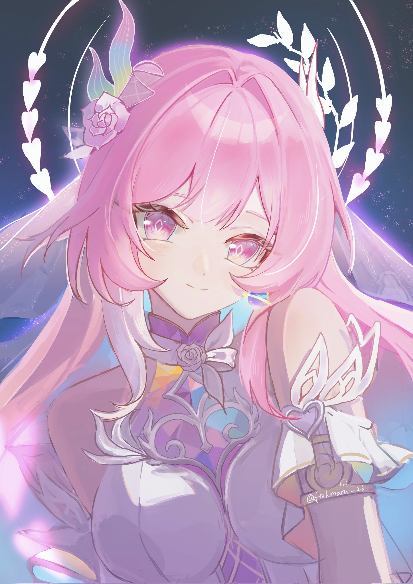 cyrene (honkai: star rail), cyrene (ripples of past reverie) (honkai: star rail), honkai: star rail, honkai (series), chinese commentary, commentary request, highres, 1girl, aqua hair, bare shoulders, breasts, bridal veil, diamond-shaped pupils, diamond (shape), dress, fishmaru, gradient hair, halo, large breasts, long hair, looking at viewer, multicolored hair, pink hair, purple eyes, sky, smile, solo, star (sky), starry sky, symbol-shaped pupils, upper body, veil, very long hair, white dress, white hair