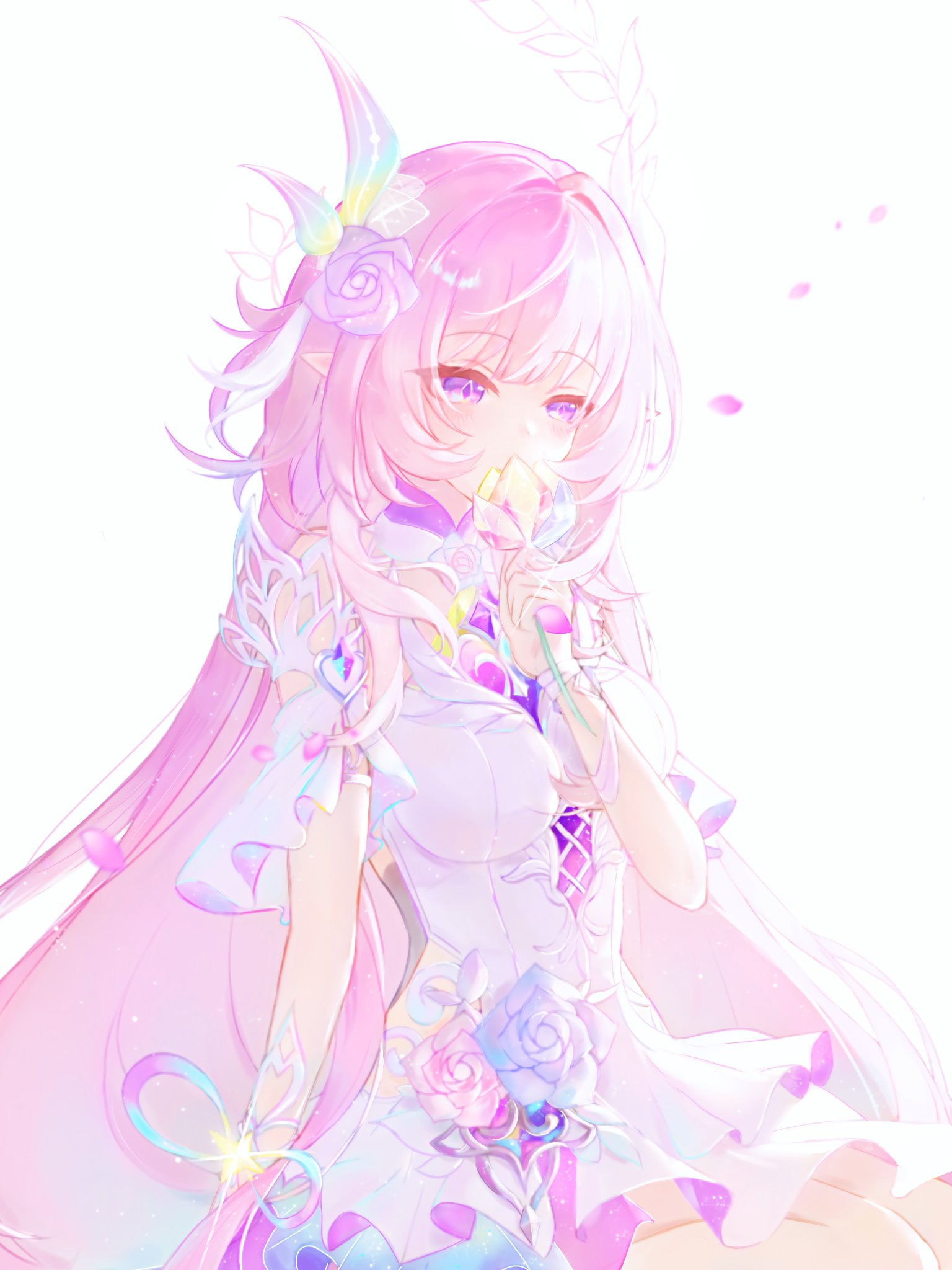 cyrene (honkai: star rail), cyrene (ripples of past reverie) (honkai: star rail), honkai: star rail, honkai (series), commentary request, highres, 1girl, aqua hair, bare shoulders, breasts, diamond-shaped pupils, diamond (shape), dress, flower, gradient hair, hair flower, hair ornament, holding, holding flower, large breasts, long hair, multicolored hair, pink hair, purple eyes, simple background, smile, solo, symbol-shaped pupils, tansanlemon100, very long hair, white background, white dress, white hair