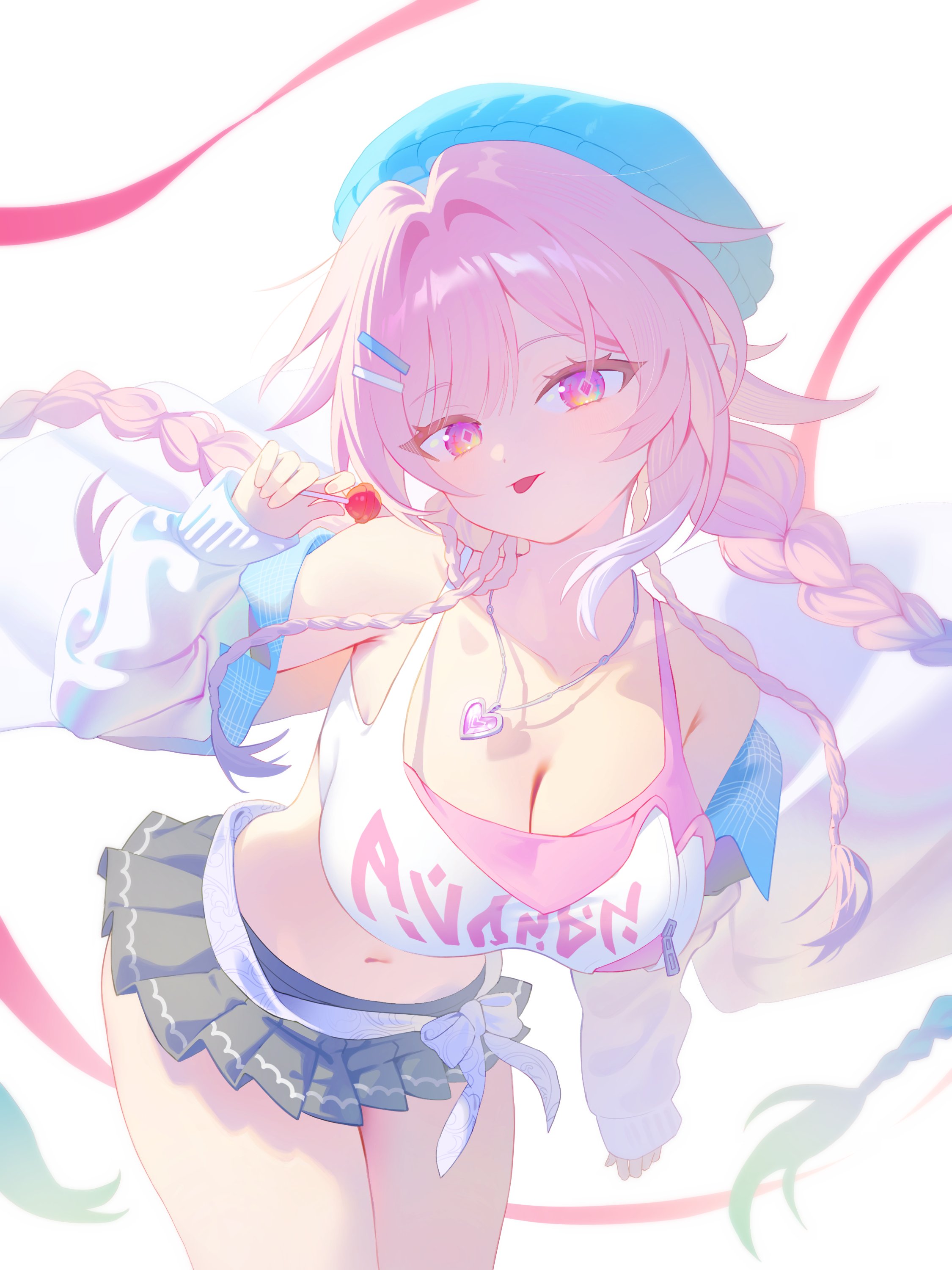 cyrene (honkai: star rail), cyrene (ripples of past reverie) (honkai: star rail), honkai: star rail, honkai (series), absurdres, commentary request, highres, 1girl, bare shoulders, beret, black skirt, breasts, candy, cleavage, clothes writing, crop top, cyrene (nylon japan) (honkai: star rail), diamond-shaped pupils, diamond (shape), food, hat, heart, heart necklace, holding, holding candy, holding food, holding lollipop, jacket, jewelry, large breasts, lollipop, long hair, looking at viewer, midriff, miniskirt, navel, necklace, official alternate costume, pink hair, purple eyes, simple background, skirt, solo, sompunchking, symbol-shaped pupils, thighs, tongue, tongue out, very long hair, white background, white jacket