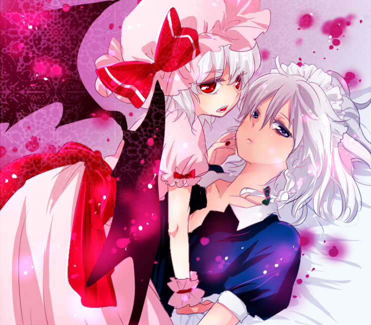 machiko (beard), izayoi sakuya, remilia scarlet, touhou, silver hair, 2girls, blue eyes, female focus, hairband, multiple girls, red eyes, ribbon, short hair, wings, wrist cuffs, yuri