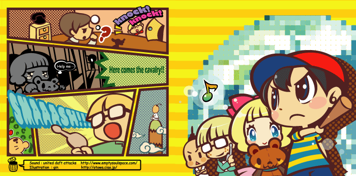 gin (oyoyo), doseisan, jeff andonuts, ness (mother 2), paula (mother 2), poo (mother 2), porky minch, mother (series), mother 2, nintendo, 1girl, 4boys, :>, baseball bat, chibi, child, english text, gun, multiple boys, musical note, stuffed animal, stuffed toy, teddy bear, weapon