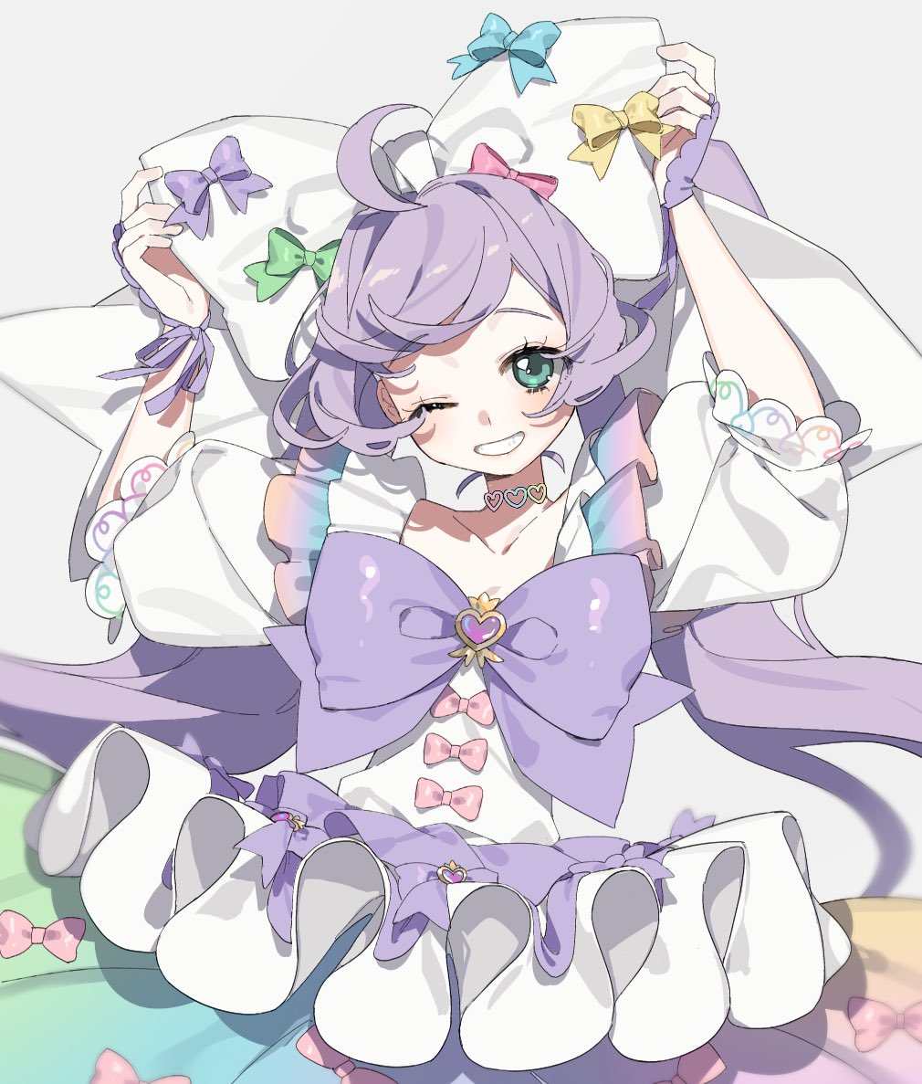 yunomikuchi, manaka laala, pretty series, pripara, commentary request, 1girl, ahoge, bow, choker, dress, dress ruff, green bow, green eyes, hair bow, heart, heart choker, large bow, long hair, looking at viewer, one eye closed, pink bow, puffy short sleeves, puffy sleeves, purple bow, purple hair, short sleeves, smile, solo, standing, twintails, very long hair, white bow, white dress