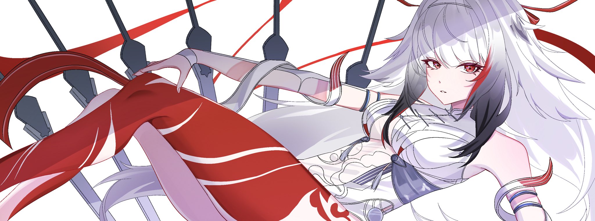 agencypostart, ye shunguang, zenless zone zero, highres, 1girl, alternate form, bare shoulders, black hair, blush, breasts, floating, floating object, floating sword, floating weapon, hair intakes, hair ornament, hairband, leg tattoo, long hair, looking at viewer, medium breasts, multicolored hair, multiple swords, multiple weapons, official alternate design, official alternate hair color, official alternate hair length, official alternate hairstyle, red eyes, red hair, streaked hair, sword, tattoo, very long hair, weapon, white hair, white hairband