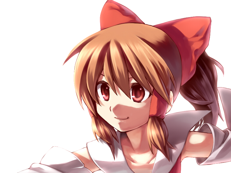 aisora, hakurei reimu, touhou, 1girl, brown hair, female focus, red eyes, ribbon, short hair, simple background, solo, upper body, white background