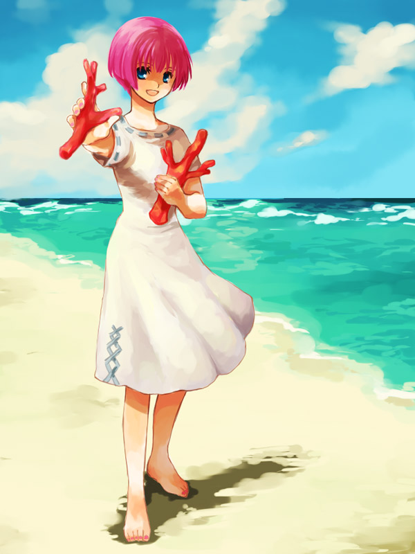 yukaris, heroine (dq9), dragon quest, dragon quest ix, level-5, 1girl, barefoot, beach, blue eyes, coral, day, dress, feet, female focus, nail polish, ocean, open mouth, outdoors, pink hair, pink nails, short hair, sky, smile, solo, toenail polish, toenails, water