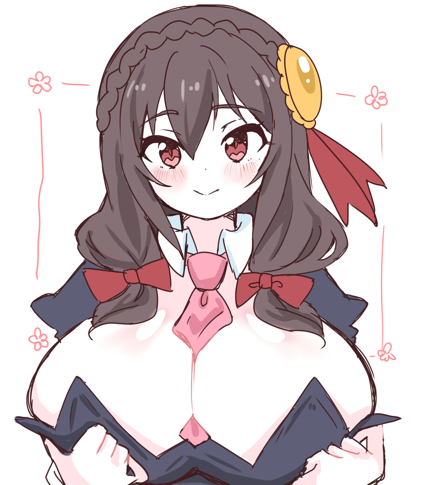 yunyun (konosuba), kono subarashii sekai ni shukufuku wo!, highres, 1girl, :>, between breasts, black dress, blush, bow, breasts, brown hair, closed mouth, dot nose, dress, floral background, hair between eyes, hair bow, hair ornament, huge breasts, long hair, looking at viewer, meunkoyomi, necktie, necktie between breasts, pink necktie, red bow, red eyes, simple background, smile, solo, upper body, white background