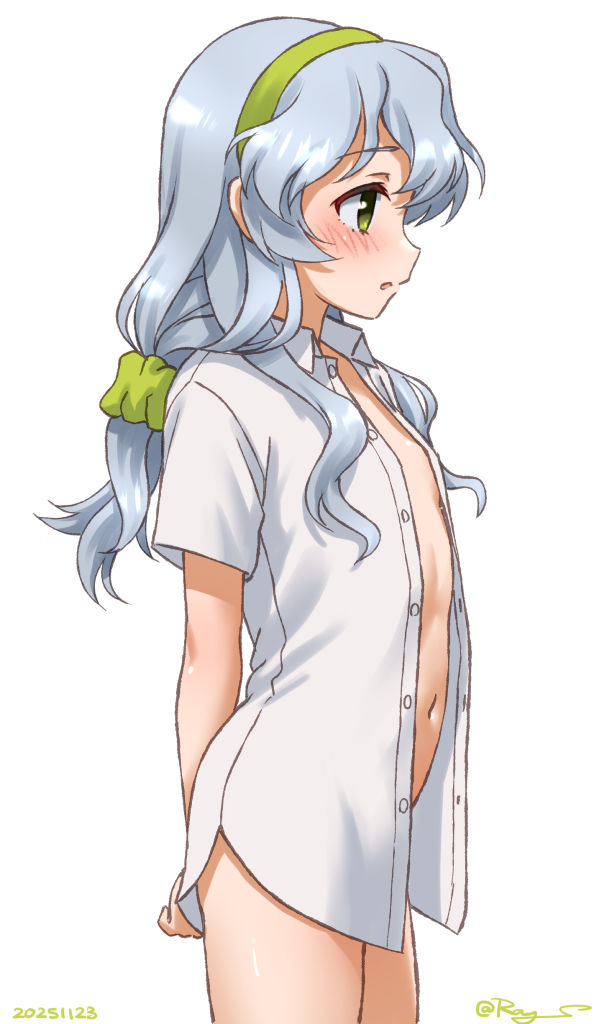 ray.s, yamagumo (kancolle), kantai collection, commentary request, 1girl, blush, braid, breasts, collared shirt, dated, green hairband, grey hair, hairband, long hair, naked shirt, navel, no bra, no panties, one-hour drawing challenge, open clothes, open mouth, open shirt, shirt, short sleeves, small breasts, smile, twitter username, wavy hair, white shirt