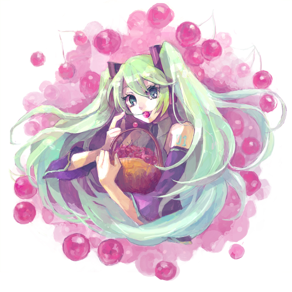 hosiko, hosiko01, hatsune miku, vocaloid, 1girl, aqua eyes, aqua hair, basket, cherry, detached sleeves, female focus, food, fruit, long hair, smile, solo