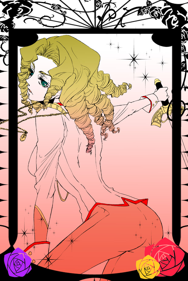 kajiro, arisugawa juri, shoujo kakumei utena, bad id, bad pixiv id, 1990s (style), 1girl, blonde hair, drill hair, female focus, flower, from behind, gradient hair, green eyes, jewelry, multicolored hair, necklace, retro artstyle, rose, solo, sword, weapon