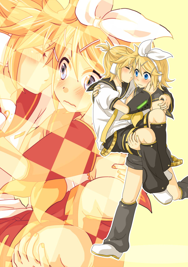 ryou (pixiv247657), suzumi (fallxalice), kagamine len, kagamine rin, vocaloid, bad id, bad pixiv id, 1boy, 1girl, blonde hair, blue eyes, blush, brother and sister, carrying, closed eyes, hair ornament, hair ribbon, hairclip, headphones, holding, reverse princess carry, ribbon, short hair, shorts, siblings, twins